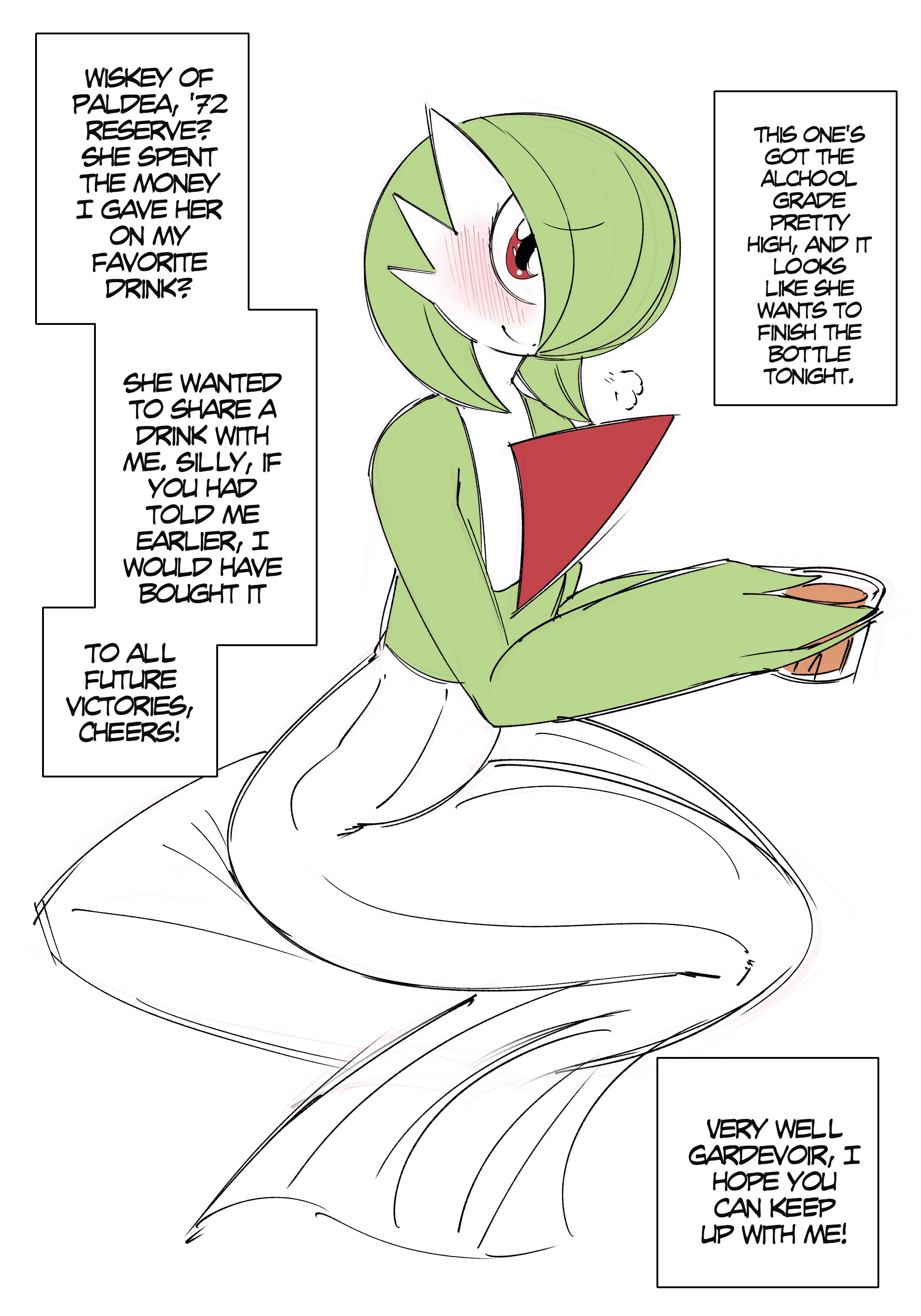 1girls, anthro, breasts, chest spike, dialogue, english text, female, female pokemon, gardevoir, hair over one eye, nintendo, pokémon (species), pokemon, pokemon (species), red eyes, saltyxodium, short hair, slim waist, small breasts, text, white body