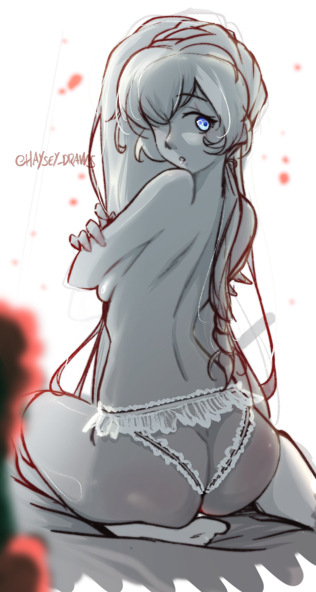 1girls ass bed blue_eyes breasts facing_viewer female furniture haysey_draws lingerie long_hair looking_at_viewer monochrome pinup pinup_pose ponytail rooster_teeth rose_(flower) rose_petals rwby scar scar_across_eye scar_on_face see-through see-through_lingerie see-through_panties solo solo_female stockings thighhighs topless turning_head weiss_schnee white_background