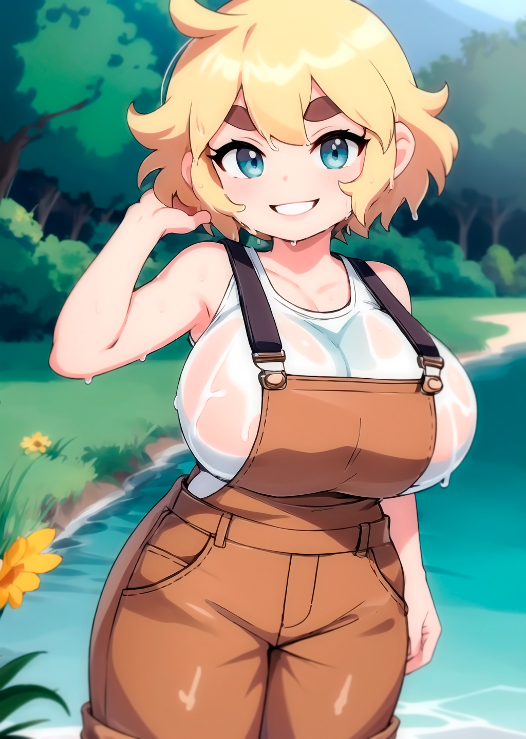 ai_generated armpits blonde_hair high_guardian_spice huge_breasts losforry_custom overalls parsley shirt thick_eyebrows wet wet_clothes wet_shirt white_shirt