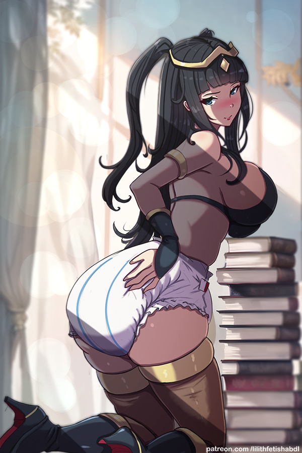 1girls abdl ass back bangs bare_back bare_thighs big_ass black_hair blue_eyes blush book book_stack boots bra breasts diaper female female_only fire_emblem fire_emblem_awakening high_heels indoors infantilism kneeling large_breasts light lilith-fetish long_hair looking_at_viewer looking_back nintendo raised_eyebrow skindentation smile solo sunlight tharja_(fire_emblem) thick_thighs thighhighs thighs twintails