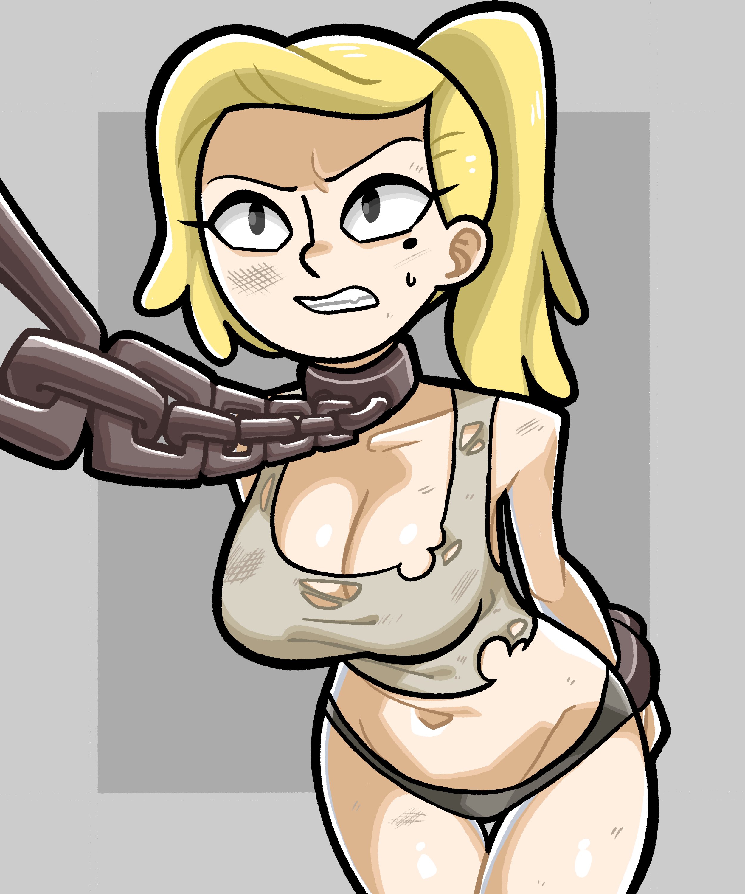 1girls, 2023, amphibia, angry, arms behind back, arms tied, arms tied behind back, beauty mark, belly button, big breasts, black eyes, blonde hair, bondage, bottomwear, breasts, busty, chain leash, chains, cleavage, clenched teeth, clothed, clothed female, clothes, clothing, collar, crop top, disney, disney channel, female, female only, front view, grey background, hair, hands behind back, hi res, human, large breasts, leaning forward, leash, leash and collar, leash pull, legs together, light skin, light-skinned female, long hair, looking at another, looking up, metal collar, midriff, mole, mole under eye, n k m, navel, nervous, nervous sweat, no pants, offscreen character, panties, ponytail, prisoner, restrained, ripped clothing, ripped shirt, sasha waybright, scared, scratches, shackles, simple background, slave, solo focus, stomach, sweat, sweatdrop, teeth, thigh gap, thighs, three-quarter portrait, topwear, torn clothes, torn shirt, underwear, wide hips