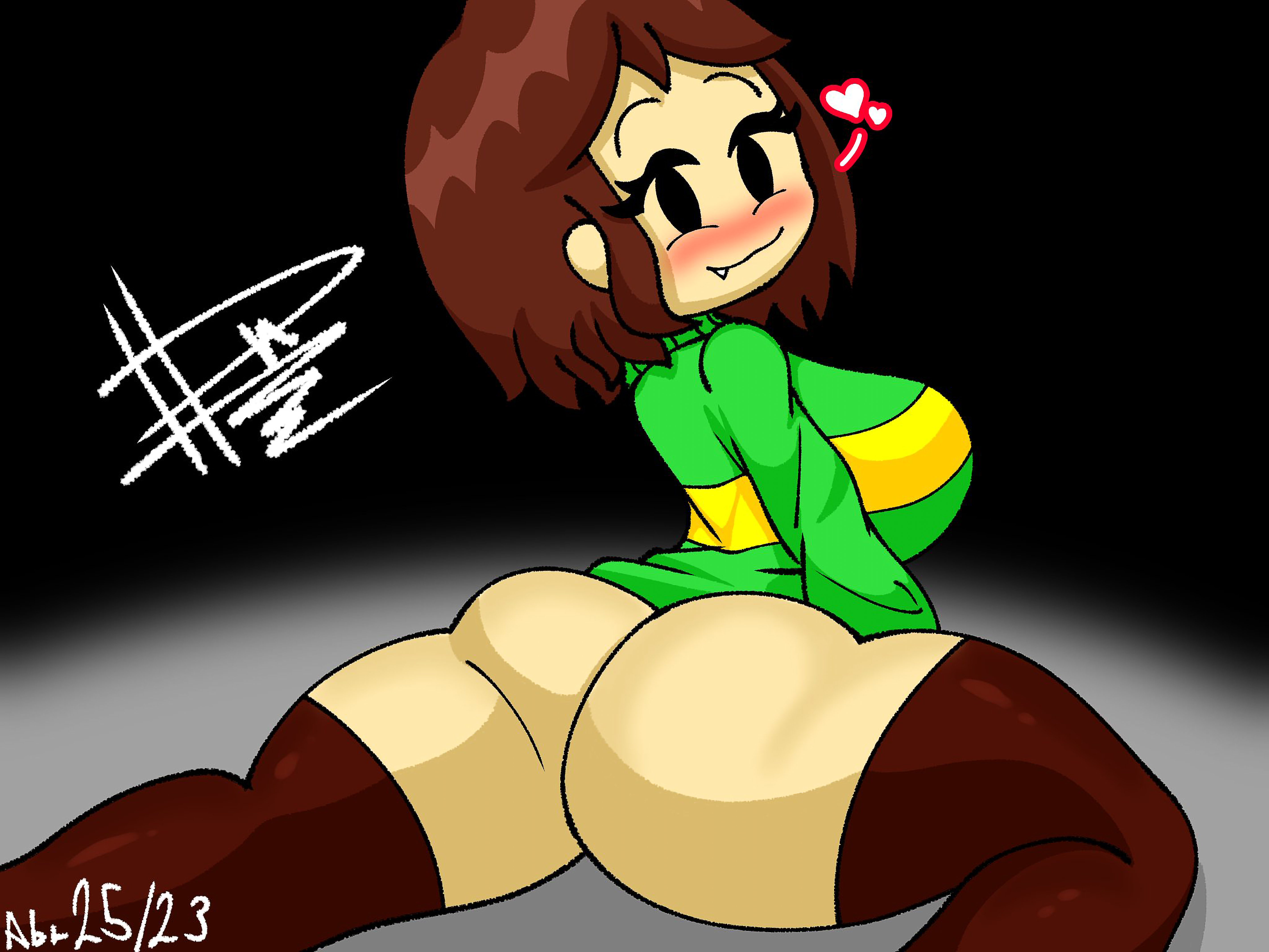1girls, 2d, 2d (artwork), 2d artwork, ass, ass focus, big ass, brown hair, chara, color, dn28 art, female, female chara, female only, human, human female, human only, leggings, looking at viewer, smug, solo, tagme, undertale, undertale (series)