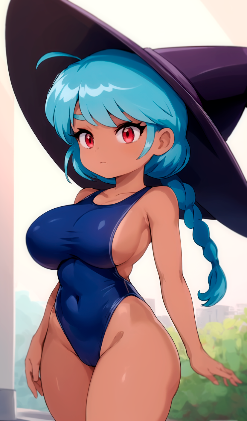 ai_generated armpits blue_hair dark-skinned_female dark_skin high_guardian_spice large_breasts losforry_custom one-piece_swimsuit red_eyes sage_(high_guardian_spice) sideboob thick_thighs wide_hips witch_hat