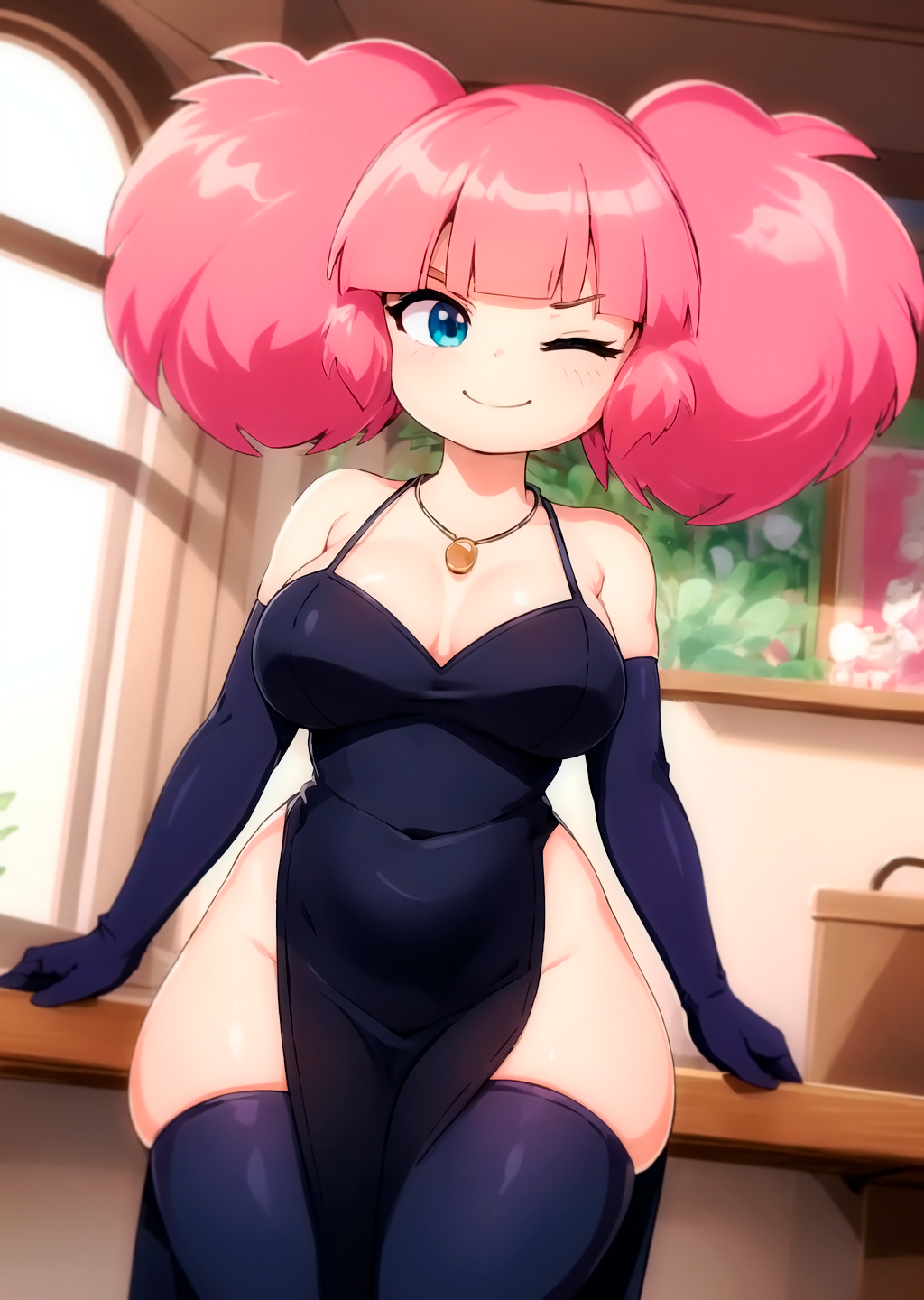 ai_generated blue_eyes breasts cleavage dress gloves high_guardian_spice losforry_custom necklace no_panties one_eye_closed pink_hair rosemary_(high_guardian_spice) smile thick_thighs