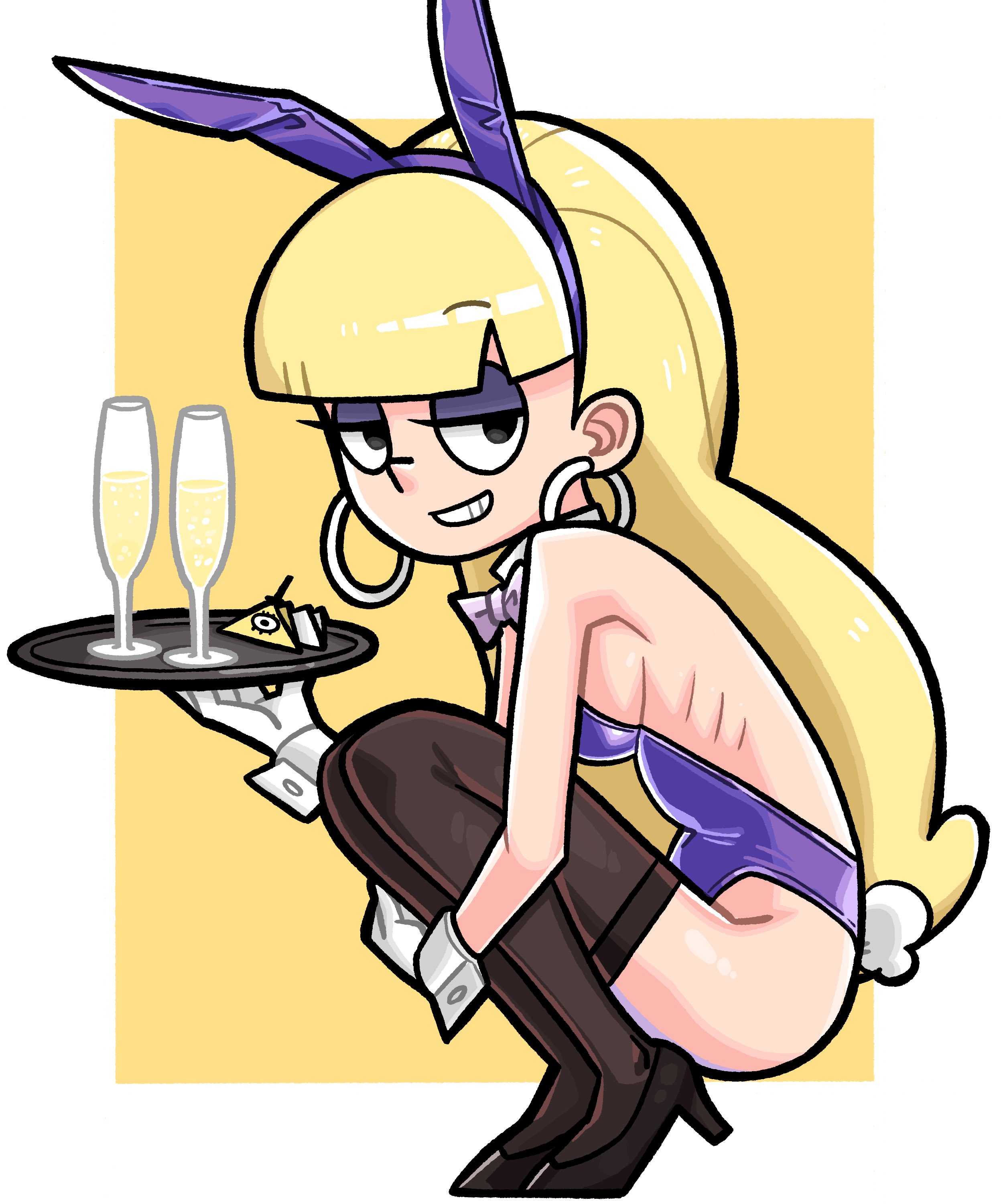 1girls, 2023, aged up, alcohol, ass, bangs, bedroom eyes, beverage, black eyes, blonde hair, blunt bangs, bowtie, breasts, bunny ears, bunny girl, bunny tail, bunnysuit, calves, champagne, clothed, clothed female, clothes, clothing, disney, disney channel, earrings, eyelashes, eyeshadow, fake animal ears, fake tail, feet, female, female only, food, footwear, full body, fully clothed, gloves, gravity falls, grin, hair, hairband, handwear, headwear, hi res, high heels, holding legs, holding tray, hoop earrings, human, leg grab, legs together, legwear, leotard, light skin, light-skinned female, long hair, looking at viewer, makeup, medium breasts, n k m, pacifica northwest, purple eyeshadow, seductive, seductive look, seductive smile, shoes, side view, simple background, sitting, skinny, smile, smiling, smiling at viewer, solo, squatting, stockings, straight hair, teeth, thighhighs, thighs, tiptoes, tray, visible ribs, waitress, yellow background