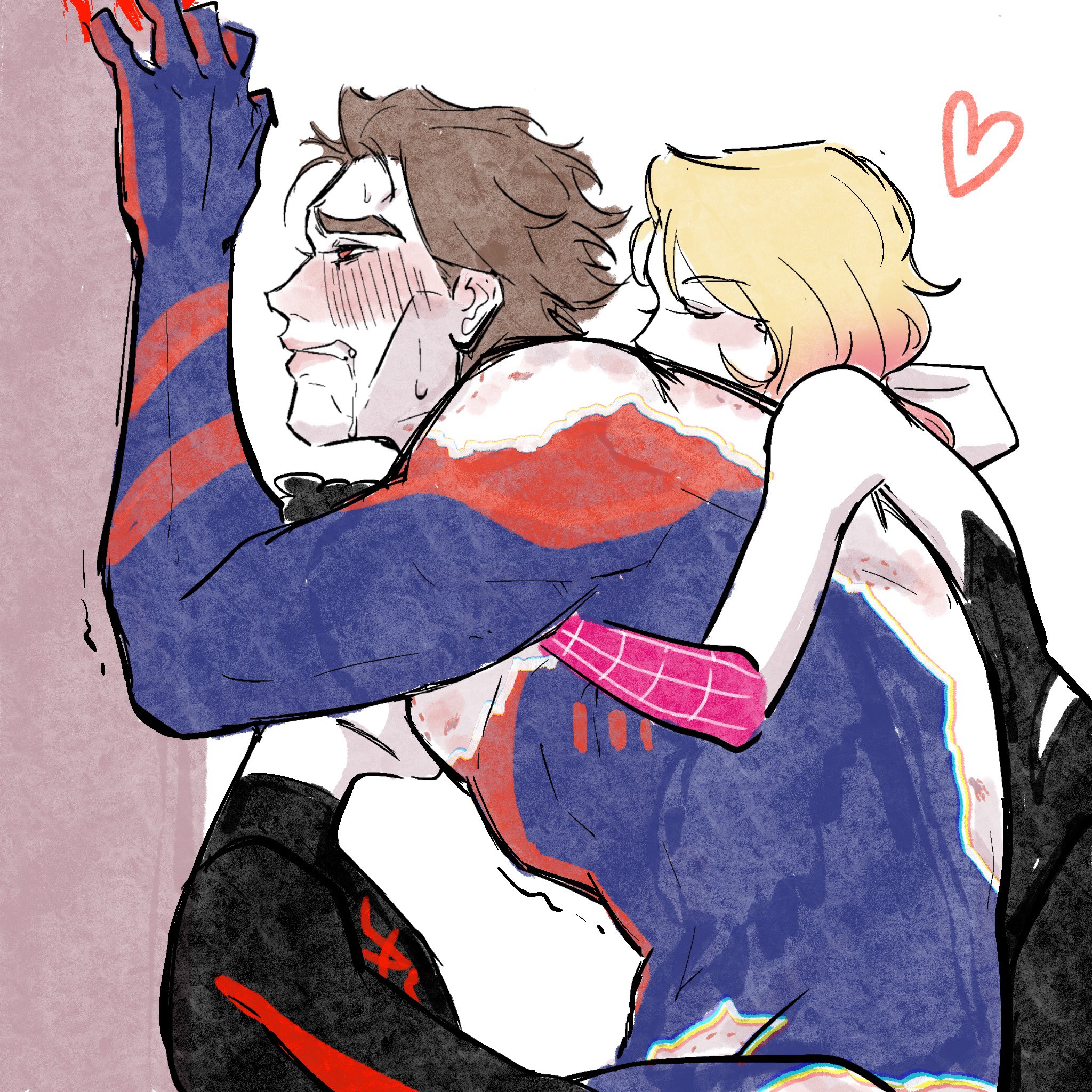 1girls, 2boys, 2d, 2d (artwork), 2d artwork, against wall, bisexual, bisexual male, bisexual sandwich, bite mark, bite marks, blush, dark skin, dark-skinned male, drooling, female, female supporting yaoi, gwen stacy, human, human only, interracial, light skin, light-skinned female, male, male on male, marvel, marvel comics, miguel o'hara, miles morales, mmf threesome, no text, spider-man (series), spider-man: across the spider-verse, threesome, trashcanakiro, yaoi