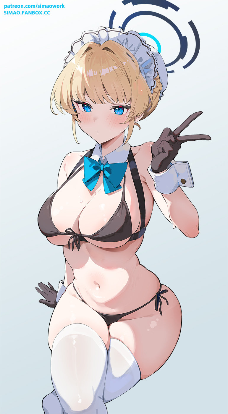 alternate breast size, bikini, blonde hair, blue archive, blue eyes, blush, bowtie, bra, breasts, cleaning & clearing (blue archive), detached collar, detached sleeves, expressionless, fanbox username, female, gloves, huge breasts, huge thighs, maid headdress, millennium science school student, panties, patreon url, patreon username, peace sign, simao (x x36131422), skindentation, sweatdrop, thick thighs, thighhighs, toki (blue archive), v, v sign, white legwear, wide hips, wrist cuffs