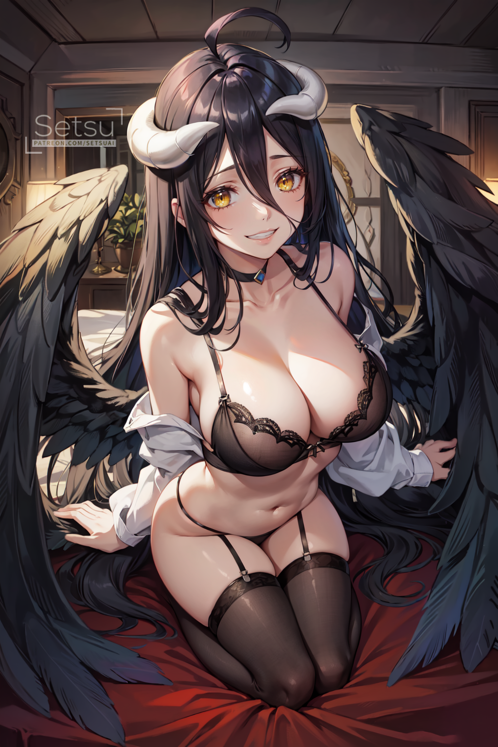 ahoge ai_generated albedo_(overlord) arm_belt artist_name bedroom belt black_choker black_hair black_thighhighs black_wings breasts choker collarbone demon female grey_background horns large_breasts lingerie long_hair looking_at_viewer low_wings navel overlord_(maruyama) patreon setsuaiart smile smirk solo succubus thighhighs thighs underwear white_horns wings