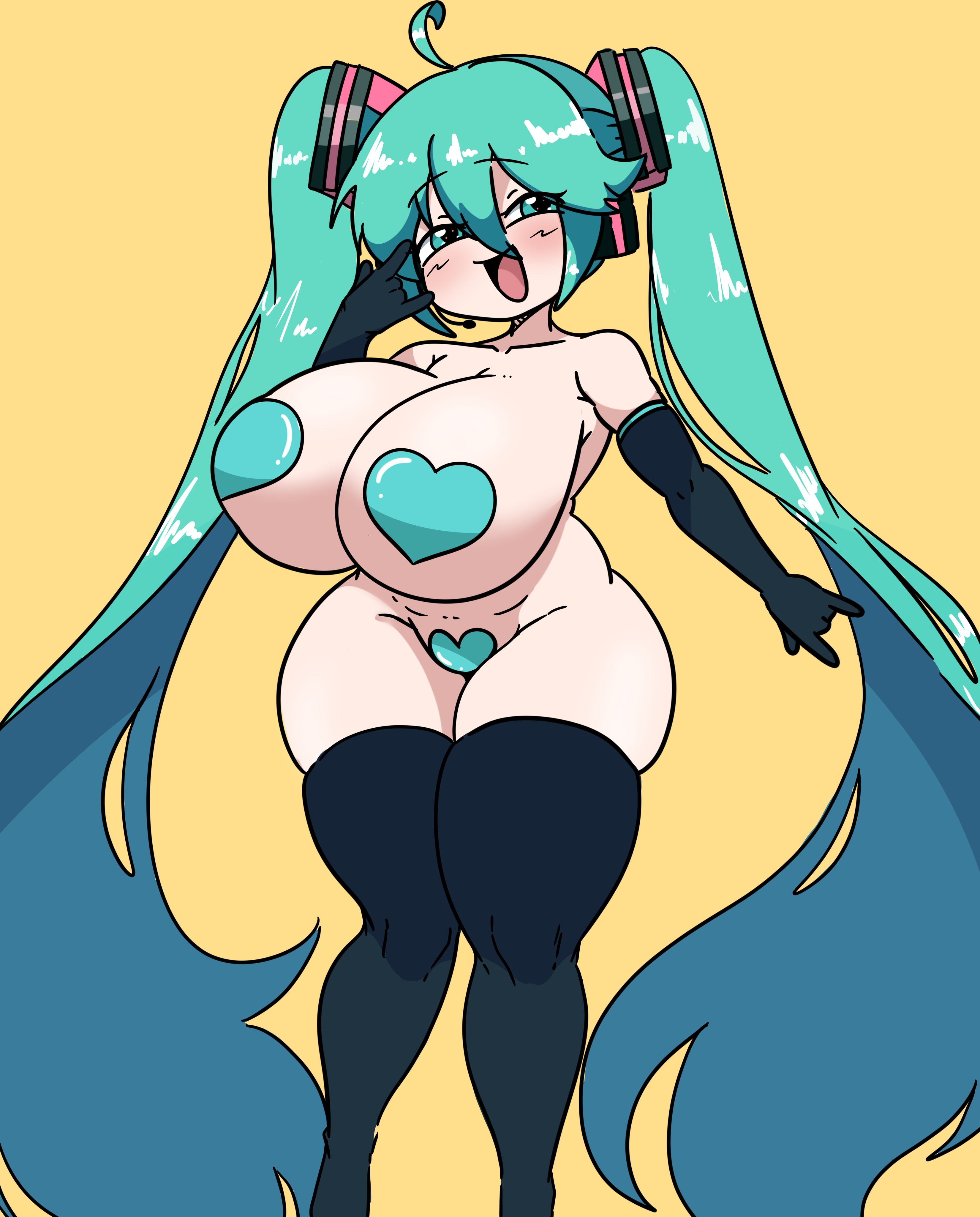 1girl, 1girls, absurd res, ahoge, alternate breast size, aqua eyes, aqua hair, armwear, black armwear, black gloves, black legwear, black thighhighs, blush, breasts, busty, cleavage, curvy, elbow gloves, eyebrows, eyebrows visible through hair, female, female only, front view, gloves, green eyes, green hair, hatsune miku, headset, heart pasties, hi res, huge breasts, inakotho, legwear, light skin, light-skinned female, long hair, looking at viewer, maebari, nude, open mouth, open smile, pasties, plump, shortstack, simple background, skindentation, smile, solo, standing, thick thighs, thighhighs, thighs, twintails, very long hair, vocaloid, wide hips, yellow background
