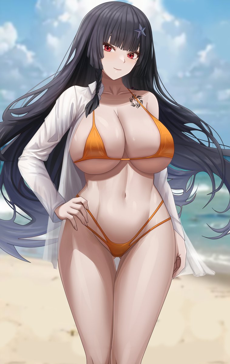 abp_art beach bikini black_hair hair_ornament huge_breasts off_shoulder open_shirt red_eyes ryoko_yamaguchi smile thighs tight_belly very_long_hair white_shirt yamaguchi_ryoko