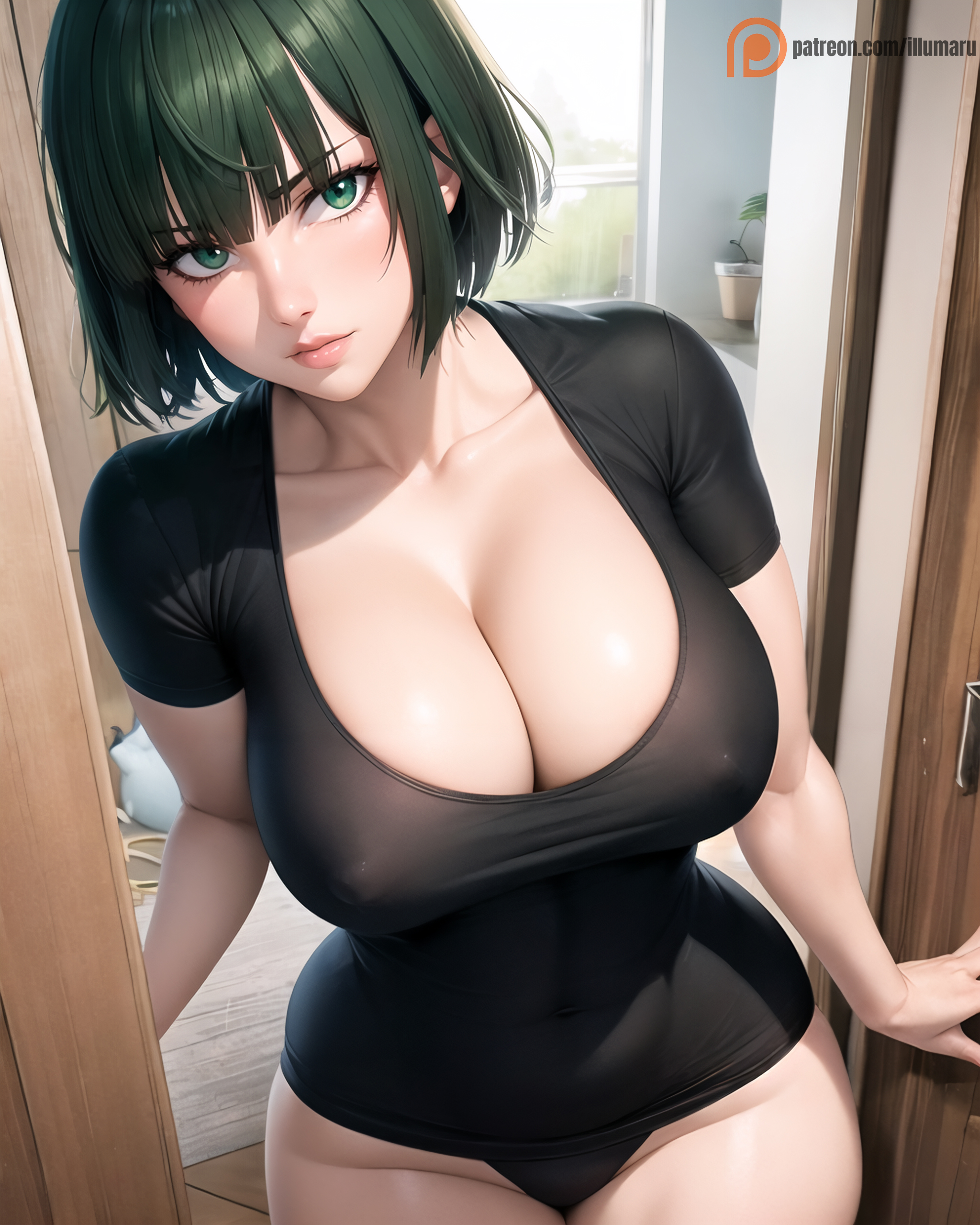 1girls, 2023, ai generated, bangs, bent over, big breasts, breasts, busty, cleavage, clothed, clothing, curvaceous, curvy, curvy body, curvy female, curvy figure, dark green hair, detailed, doorway, dress, female, female focus, female only, fubuki (one-punch man), green eyes, green hair, hi res, hips, hourglass figure, illumaru, indoors, large breasts, legs, legs together, light skin, light-skinned female, looking at viewer, midriff, mommy, nipples visible through clothing, one-punch man, panties, seductive look, see-through, see-through clothing, shiny skin, short hair, skimpy clothes, solo, solo female, solo focus, stable diffusion, t-shirt, thick, thick legs, thick thighs, thighs, toned, translucent, translucent clothing, transparent clothing, voluptuous, wide hips