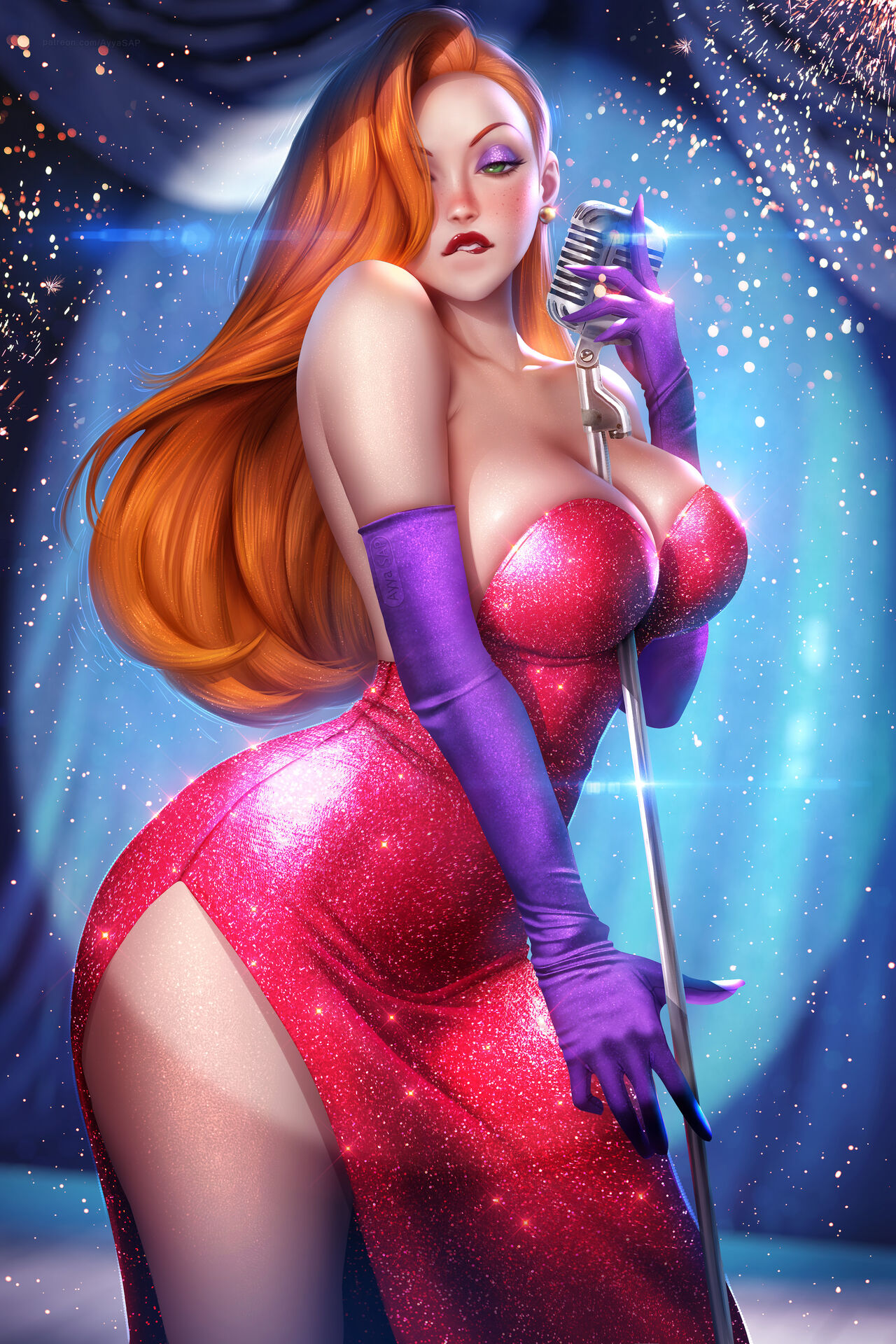 1girls, ayyasap, between breasts, breasts, disney, dress, elbow gloves, female, female only, hair between eyes, hyper thighs, jessica rabbit, large breasts, looking at viewer, massive thighs, microphone, purple elbow gloves, thunder thighs, who framed roger rabbit