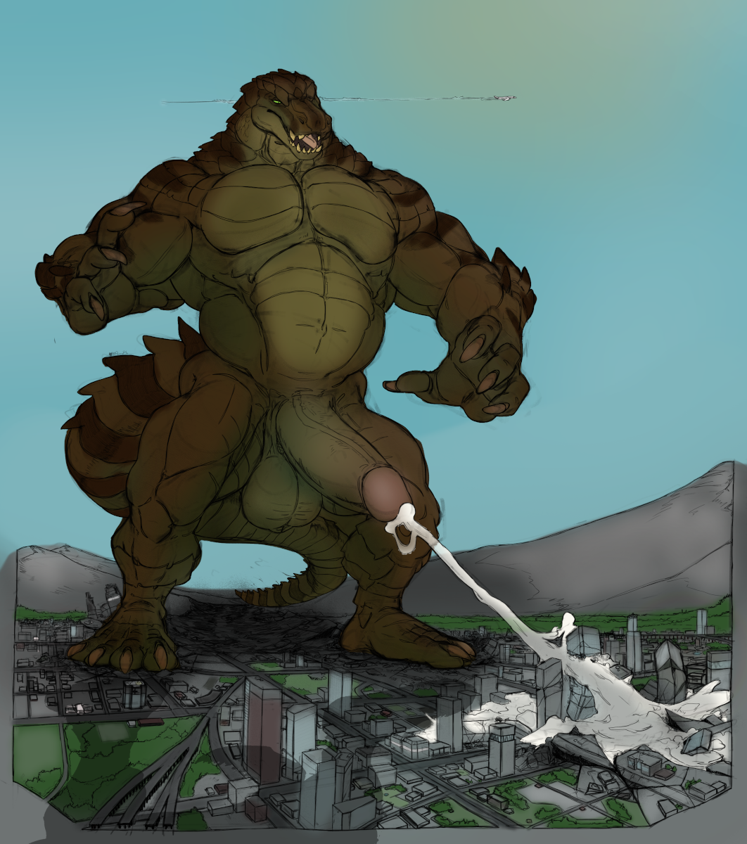 abs anthro balls biceps bodily_fluids carnak_(carpo) city crocodile crocodilian crocodylid cum cumshot destruction ejaculation genital_fluids genitals hands-free hi_res landscape_dwarfing macro male muscular muscular_anthro muscular_male pecs penis perenthis reptile scalie solo spontaneous_ejaculation tail