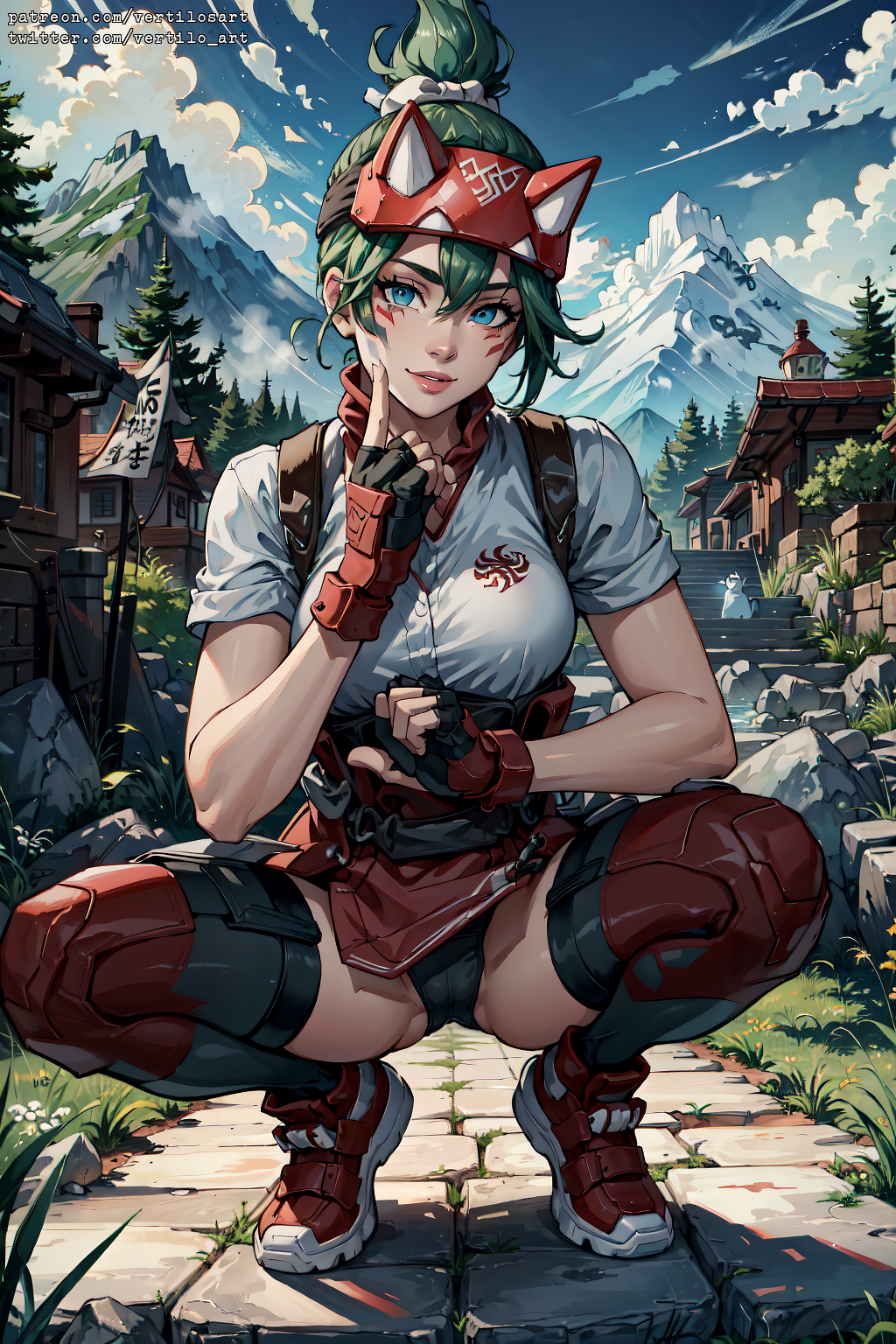 1girls, ai generated, female, female only, kiriko (overwatch), overwatch, overwatch 2, solo, squatting, tagme, vertiloart
