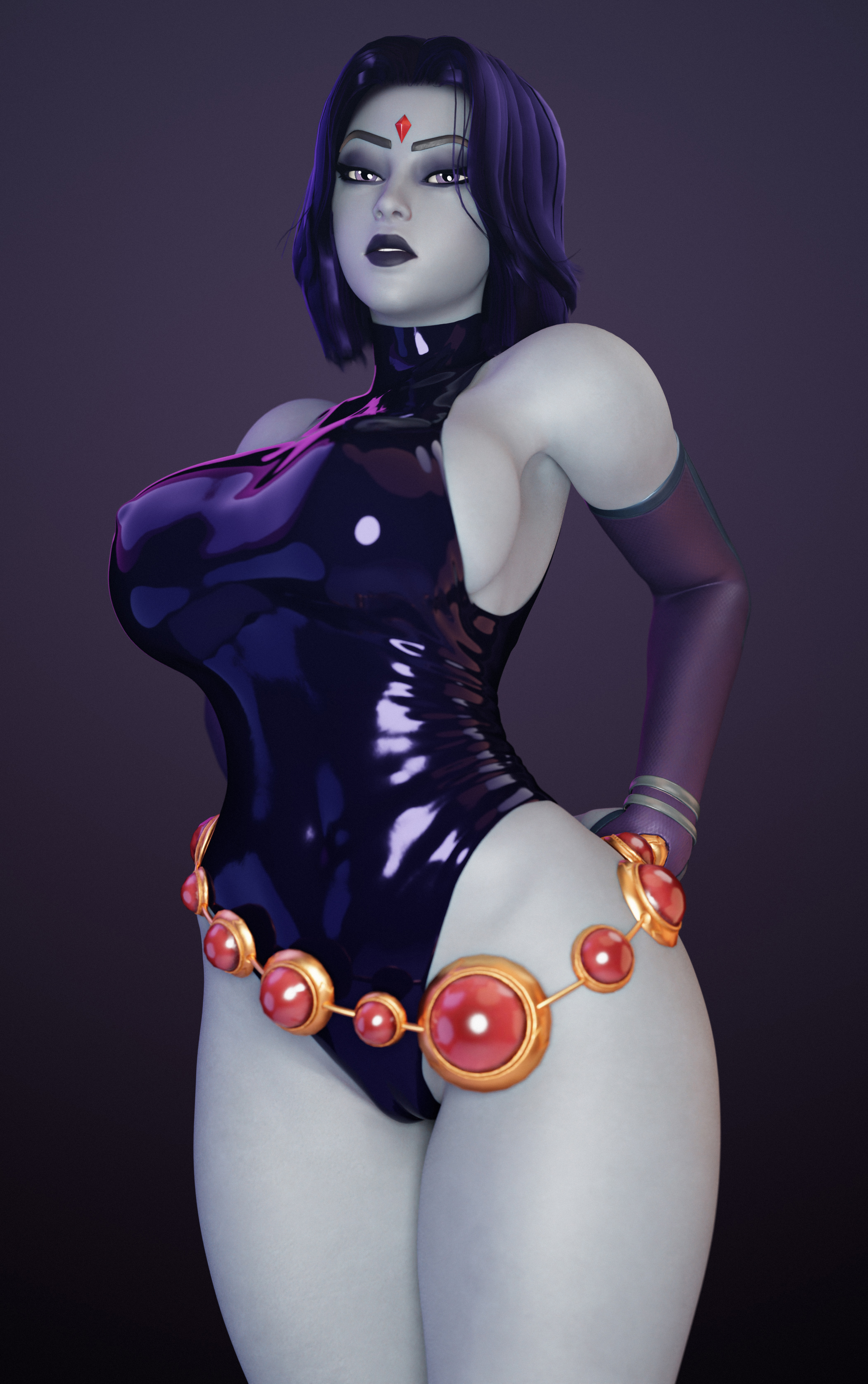 1girls, 3d, batesz, big breasts, blender, breasts, dc, dc comics, female, female only, goth, goth girl, large breasts, latex, light skin, light-skinned female, pale skin, pale-skinned female, rachel roth, raven (dc), seductive, solo, teen titans, thick thighs