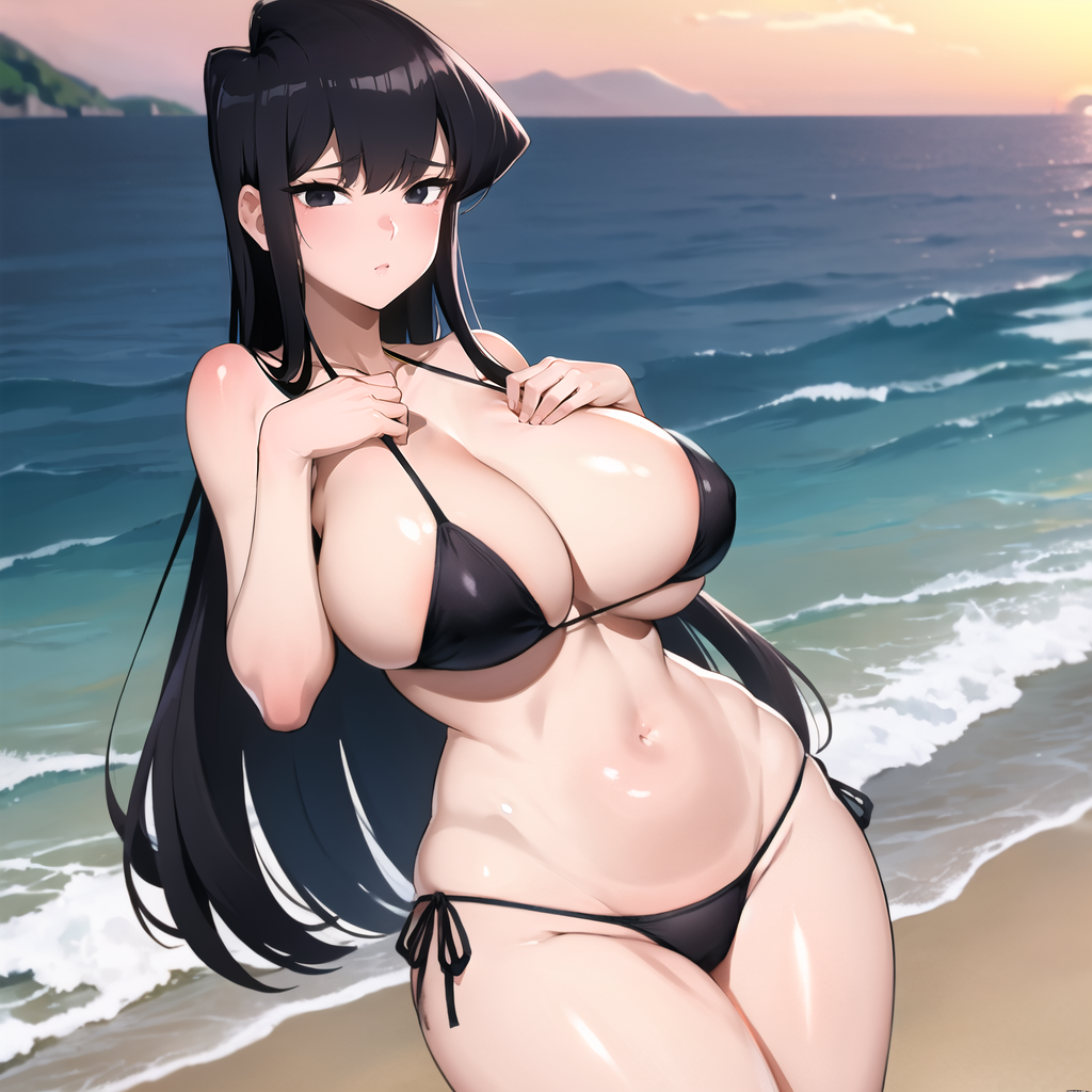 ai_generated beach big_breasts big_butt big_thighs bikini cixf huge_breasts komi-san_wa_komyushou_desu komi_shouko side-tie_bikini sunset thick_thighs