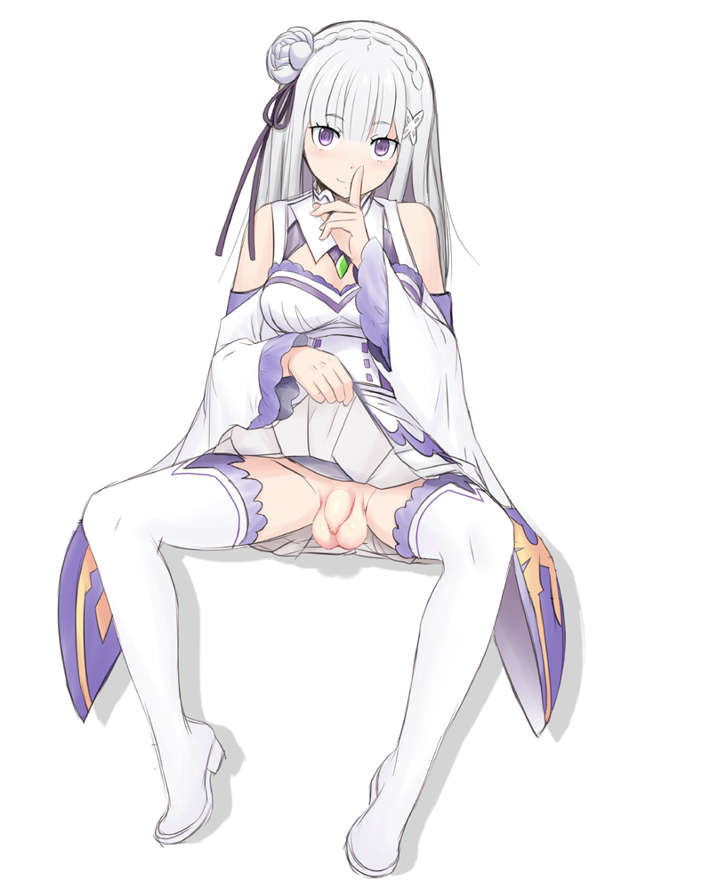 1futa balls bangs blush bottomless braid breasts clothed clothing edit emilia_(re:zero) finger_to_mouth flaccid futa_only futanari harukigenia human light-skinned_futanari light_skin long_hair mostly_clothed no_panties penis pink_eyes re:zero_kara_hajimeru_isekai_seikatsu shushing silver_hair sitting skirt skirt_lift solo testicles thighhighs tied_hair upskirt