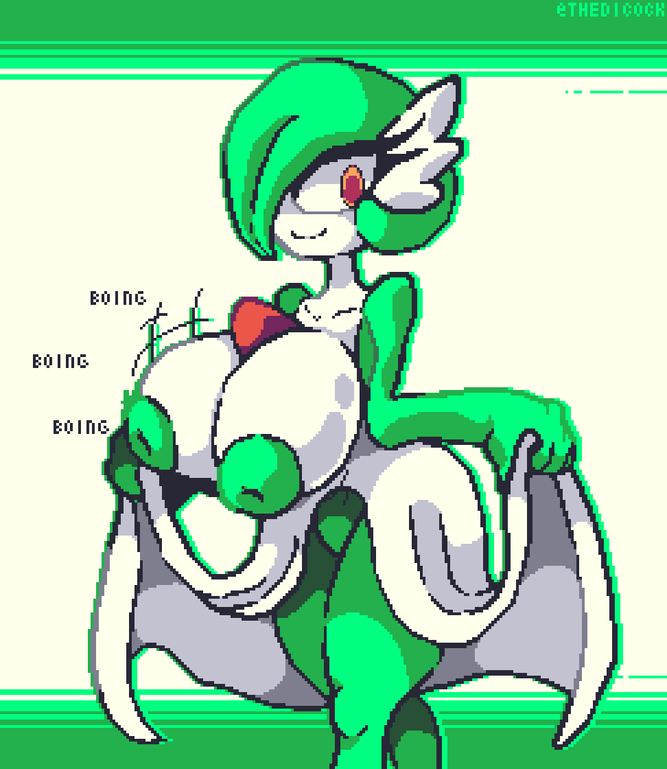 big_breasts bouncing_breasts breasts female gardevoir green_hair green_skin huge_breasts inverted_nipples inviting large_breasts long_eyelashes looking_at_viewer nintendo pixelated pokemon pokemon_(species) puffy_nipples red_eyes solo text thedicock thick_thighs