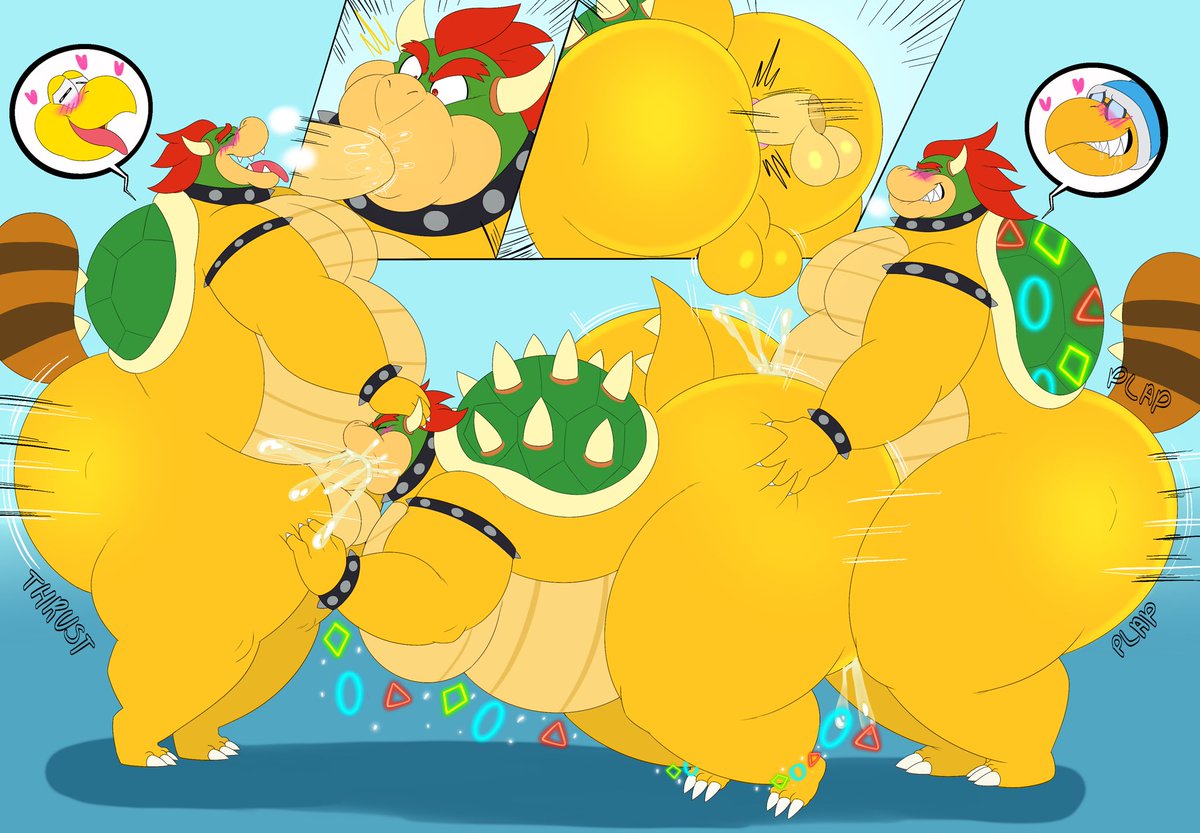 3boys anthro ass belly big_butt bodily_fluids bowser cum gay genital_fluids group huge_butt hyper hyper_butt kamek koopa_troopa male male/male male_only mario_(series) megacoolbear_(artist) nintendo overweight super_mario_3d_land thick_thighs trio