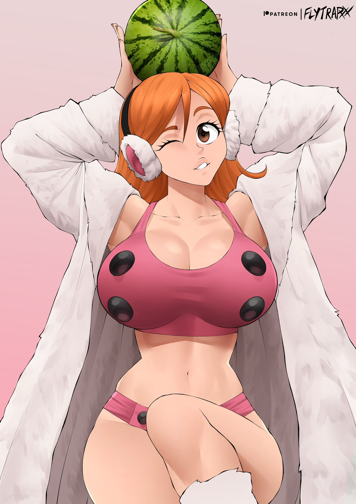 1girls, bleach, breasts, female, female only, flytrapxx, fully clothed, fur coat, inoue orihime, one eye closed, solo, tagme
