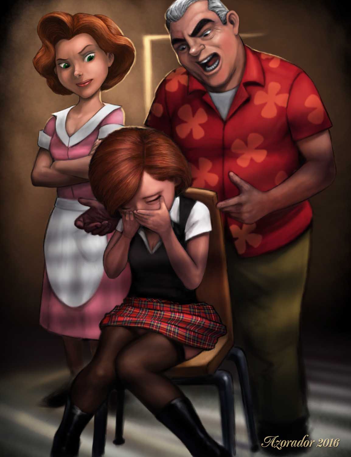 angry_eyes annie_hughes arms_crossed auburn_hair azorador ben_10 black_boots black_stockings crying green_eyes hands_on_face helen_parr iron_giant knees_together_feet_apart mature_female max_tennyson milf mother plaid_skirt principal_office sweater_vest the_incredibles thighhighs waitress waitress_uniform