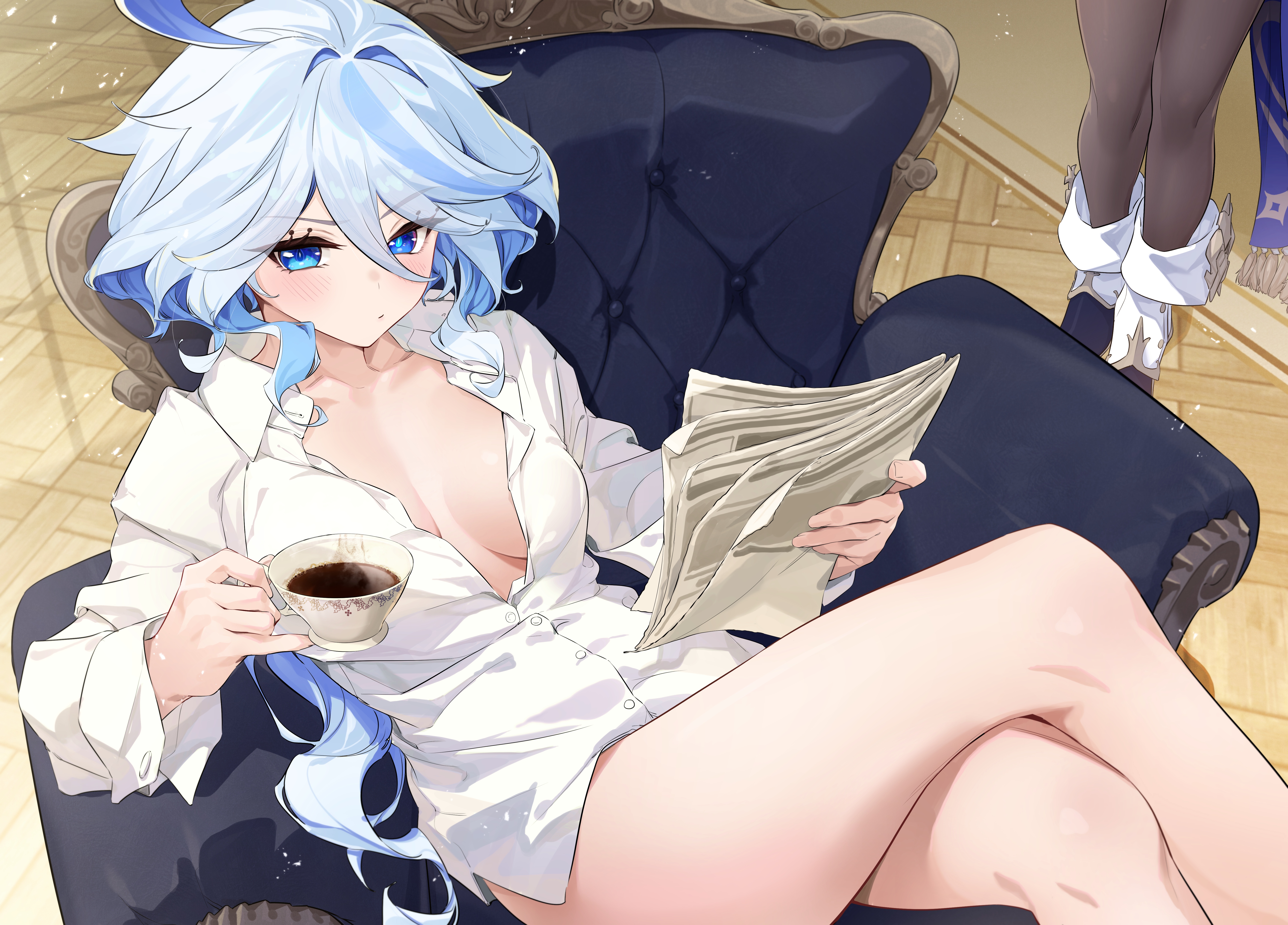 blue eyes, breasts, crossed legs, female, furina (genshin impact), genshin impact, hi res, jjjsss, legs, sitting, tea, teacup, thick thighs, white hair