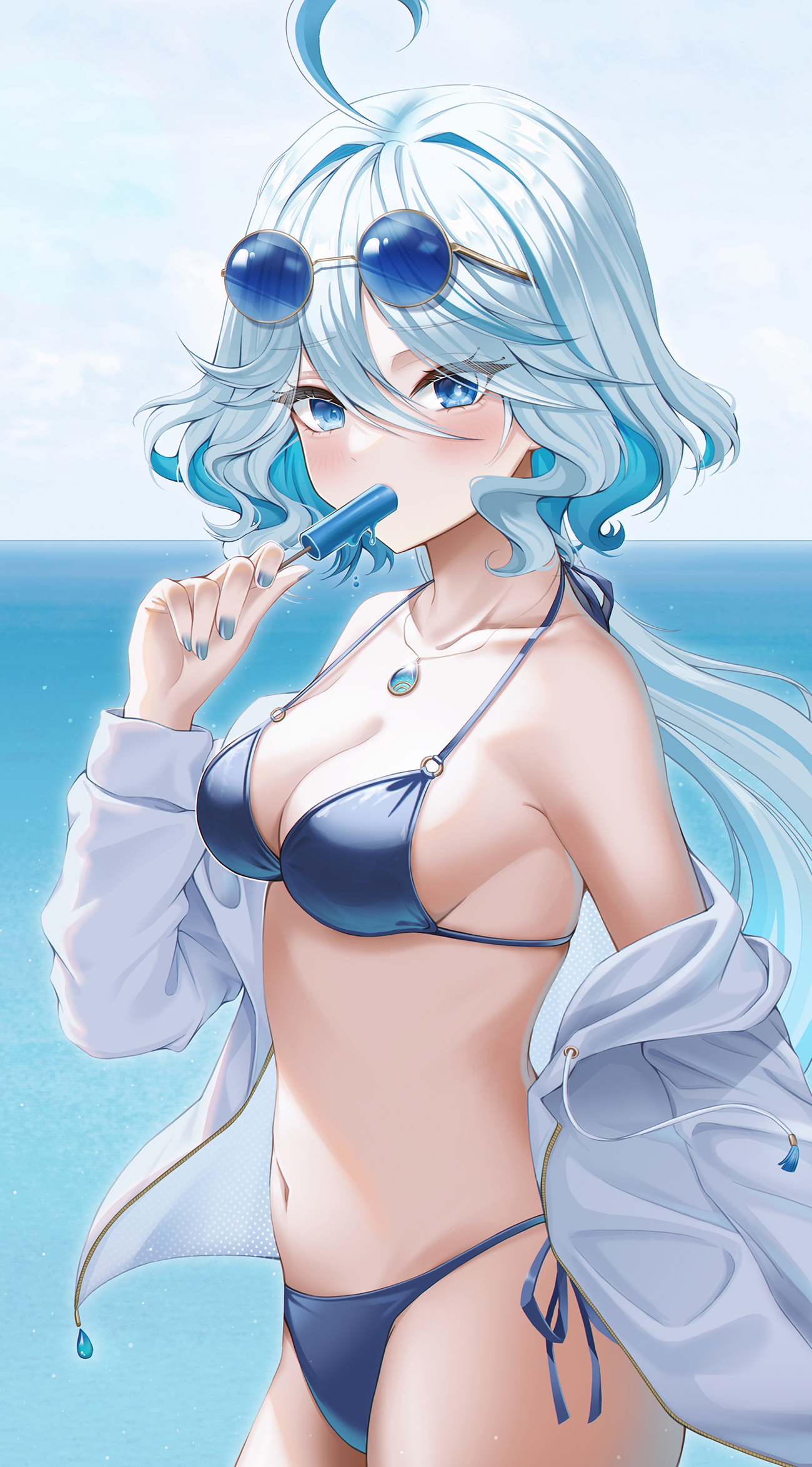 1girls, bikini, blue eyes, breasts, cleavage, female, furina (genshin impact), genshin impact, popsicle, pov, small breasts, white hair, wol (wol 927)