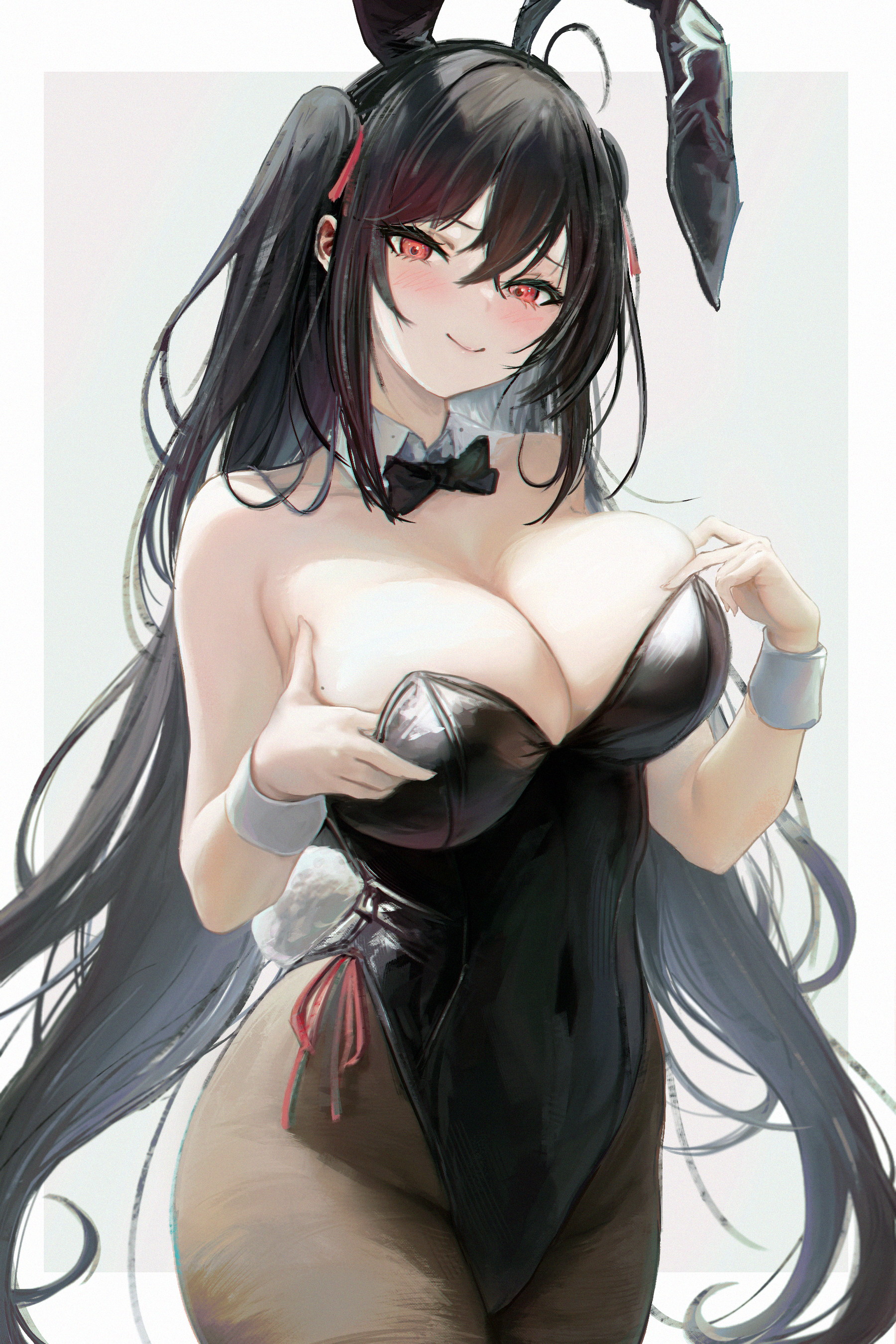 1girls, absurdres, ahoge, animal ears, azur lane, bare shoulders, black hair, black leotard, blush, bow, bowtie, breasts, brown pantyhose, bunny ears, bunnysuit, cleavage, covered navel, crossed bangs, detached collar, fake animal ears, fake tail, female, female only, hair between eyes, highleg, highleg leotard, highres, koko sasuwo, large breasts, leotard, light skin, light-skinned female, long hair, looking at viewer, pantyhose, playboy bunny, rabbit ears, rabbit tail, red eyes, sakura empire (azur lane), sidelocks, smile, solo, taihou (azur lane), tail, thighs, twintails, wrist cuffs