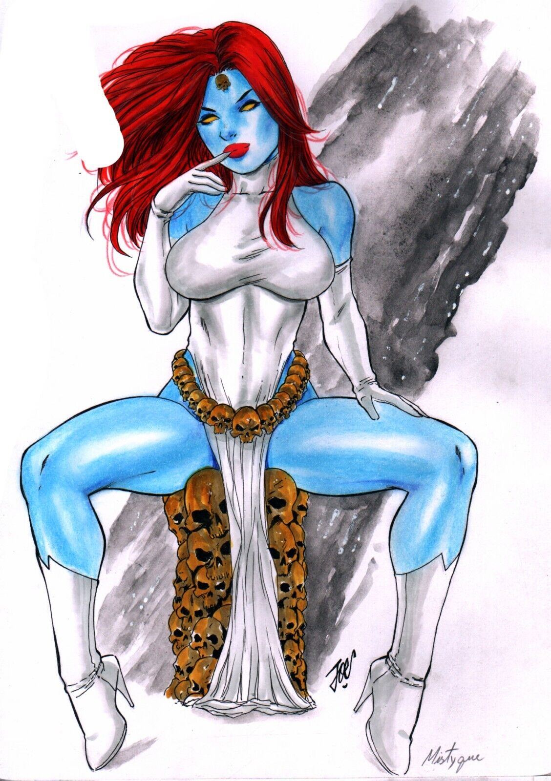 1girls 2023 belt blue_body breasts colored_sclera ed_benes_studio elbow_gloves female female_only fully_clothed gloves hi_res high_heel_boots high_heels joe_lima large_breasts lipstick looking_at_viewer makeup marvel marvel_comics mystique no_pupils orange_eyes orange_sclera pinup raven_darkholme red_hair red_lipstick red_makeup seductive_look signature skull_belt solo solo_female solo_focus thighs white_elbow_gloves white_gloves white_high_heels_boots x-men