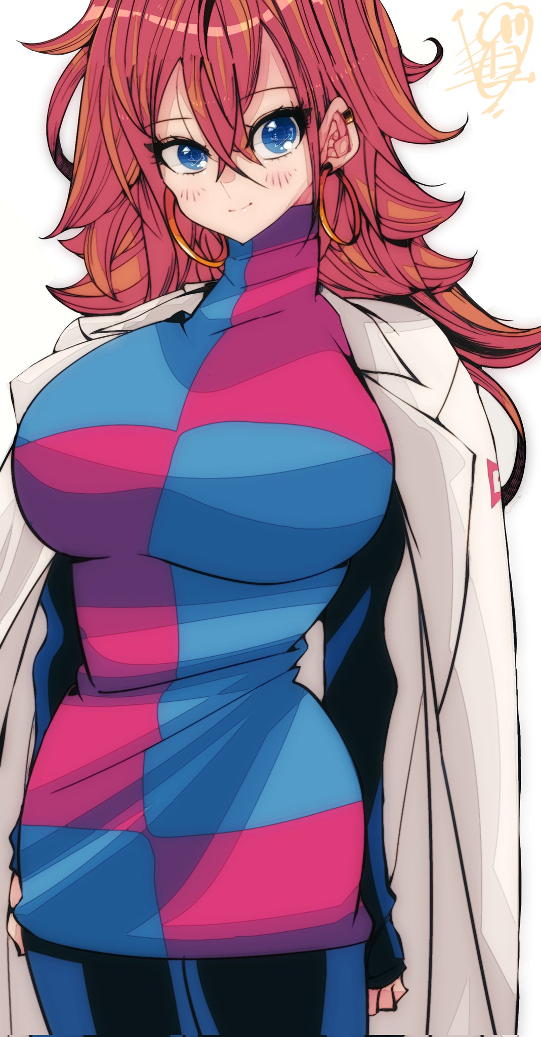 1girl 1girls 2023 android android_21 android_21_(human) arc_system_works bandai_namco big_breasts blue_eyes blush brown_hair clothed dragon_ball dragon_ball_fighterz ear_piercing earrings elbow_gloves fanart gold_jewelry labcoat large_breasts long_hair looking_at_viewer messy_hair omochi_db smile smiling_at_viewer turtleneck voluptuous voluptuous_female vomi_(dragon_ball)