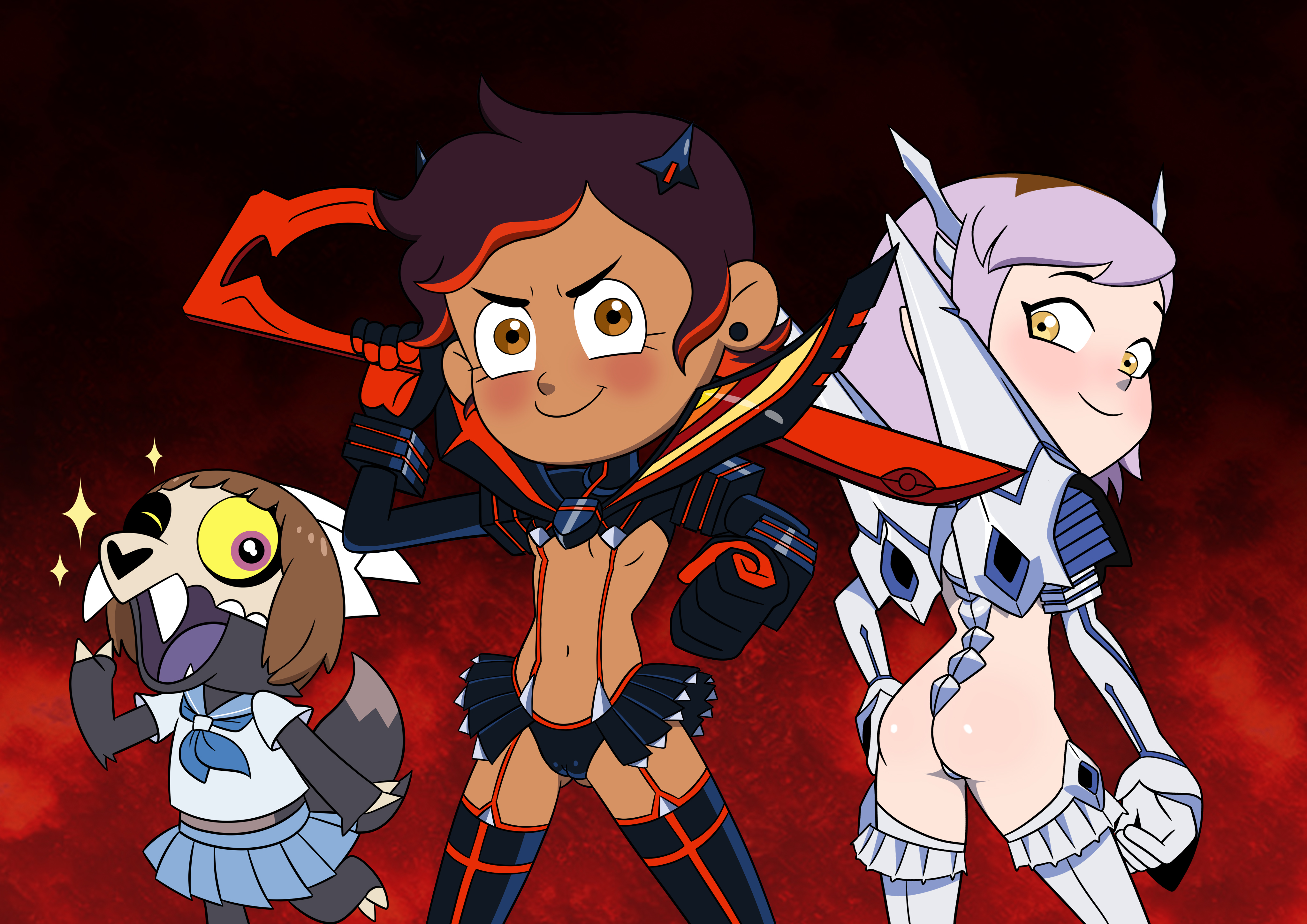 1boy, 2girls, amity blight, anthro, ass, blush, breasts, cosplay, disney, fangs, female, human, kill la kill, king clawthorne, kiryuuin satsuki (cosplay), lester warmgun, looking at viewer, luz noceda, male, mankanshoku mako (cosplay), matoi ryuuko (cosplay), multiple girls, one eye closed, open mouth, the owl house, tongue, witch