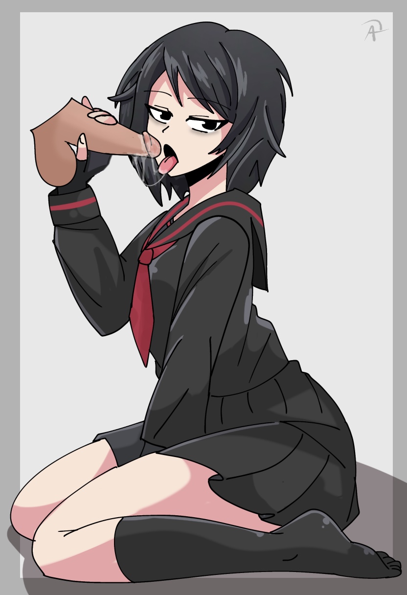 1boy, 1girls, at.scribble, black hair, dark eyes, dark hair, eyebags, floating penis, holding penis, kneeling, looking at viewer, mori-chan, morimiya middle school shooting, offscreen character, partial male, sailor uniform, saliva, school uniform, short hair, socks, thick thighs, unseen male face, young