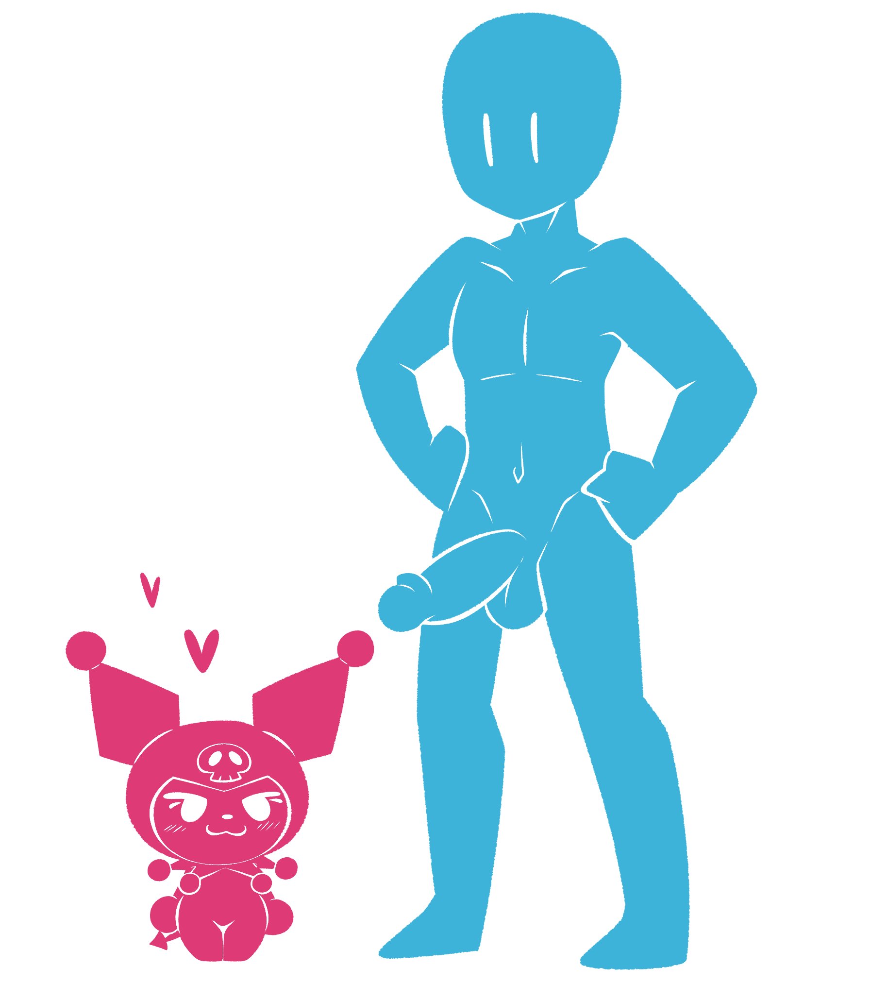 1boy, 1boy1girl, 1girls, about to have sex, blush, bunny, curvy female, erection, fatalafterdark, female, furry female, heart symbol, height difference, human, imp, imp tail, interspecies, kuromi, lagomorph, lust, lustful gaze, minimalist, muscular male, nude, onegai my melody, penis, penis out, sanrio, ship dynamics, shortstack, showing penis, small female, smaller female, tail, taller male, thick thighs, two colors, white background