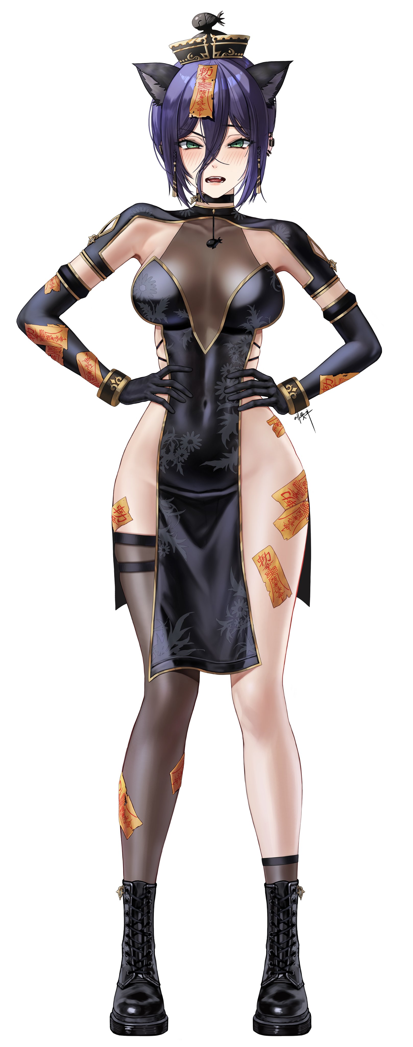 absurdres, animal ears, black boots, black choker, black dress, black gloves, blush, boots, breasts, cat ears, chainsaw man, china dress, chinese clothes, choker, dress, elbow gloves, eruthu, female, full body, gloves, gold trim, green eyes, hands on own hips, hat, highres, jiangshi costume, medium breasts, ofuda, ofuda on head, ofuda on leg, open mouth, pelvic curtain, qingdai guanmao, reze (chainsaw man), simple background, single thighhigh, solo, standing, thighhighs, v-shaped eyebrows, white background
