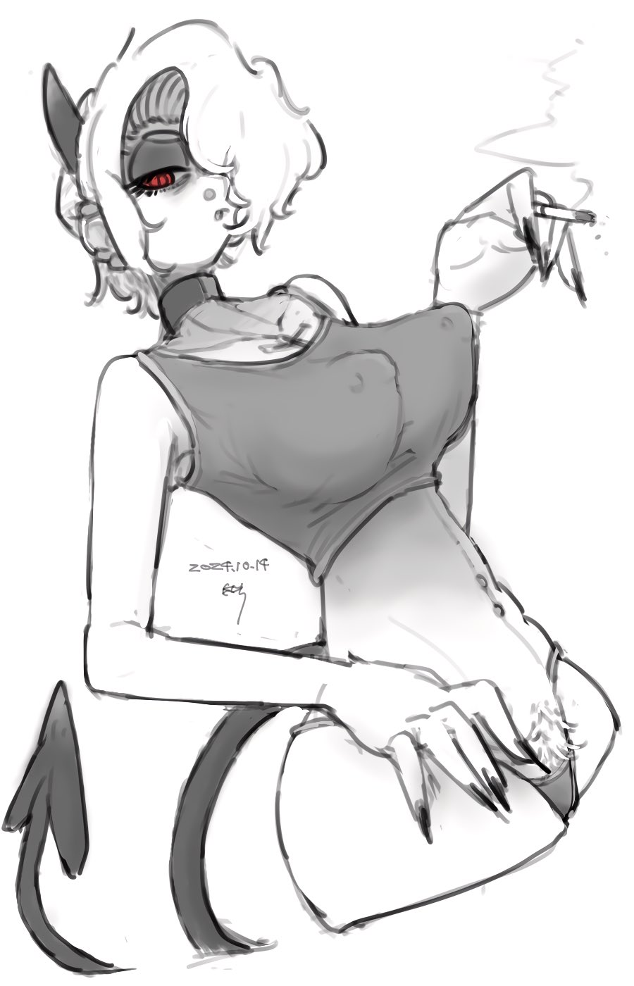 ayatakazumu, big breasts, demon, demon girl, demon horns, hairy pussy, helltaker, large breasts, nipple bulge, nipple piercing, pale skin, perky breasts, pubic hair, pubic hair peek, zdrada (helltaker)