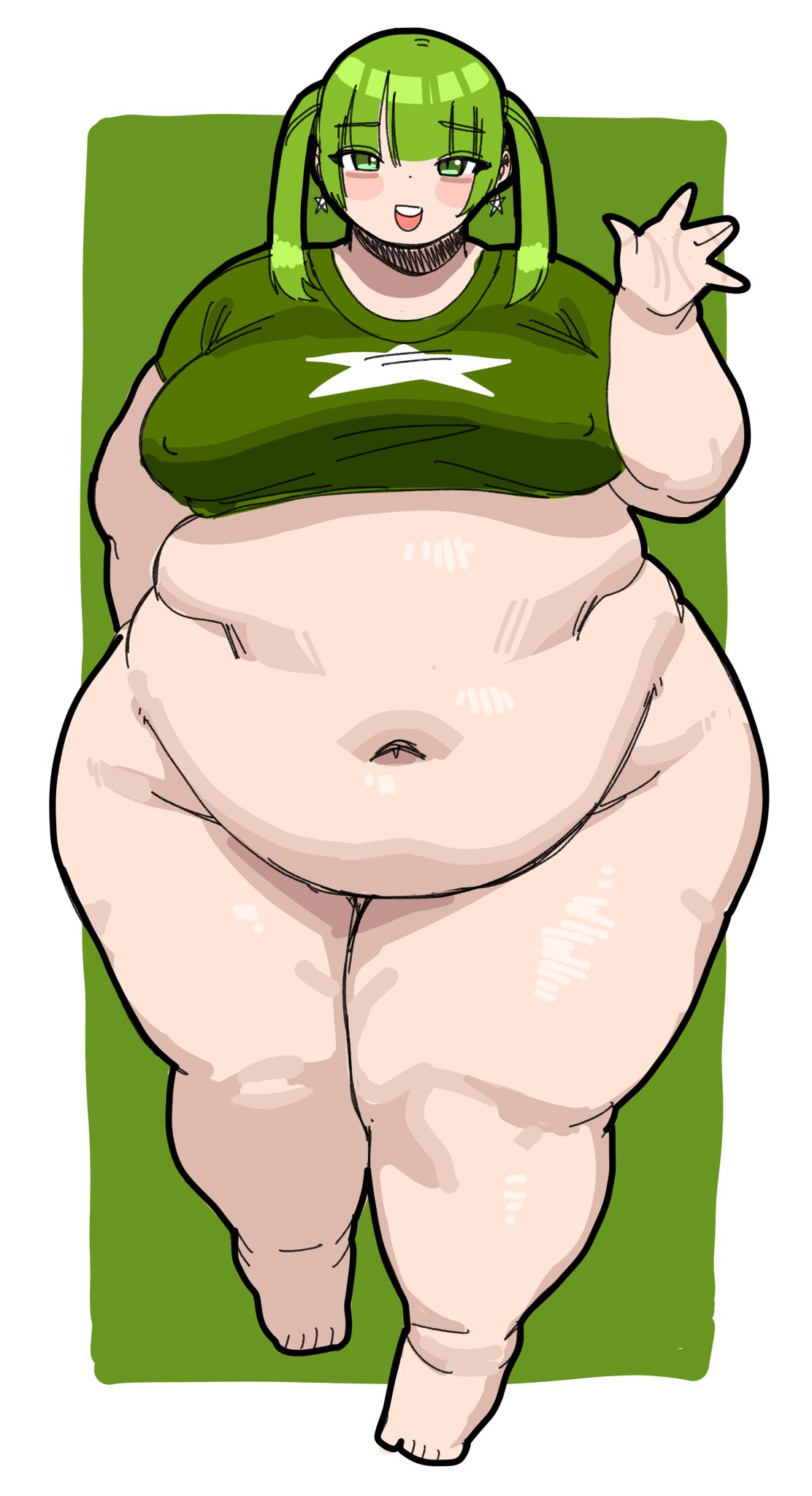 bbw, belly overhang, chubby female, fat, fat female, green hair, kiida (artist), love handles, nipple bulge, no panties, no underwear, shirt, smile, ssbbw, twintails, きーだ