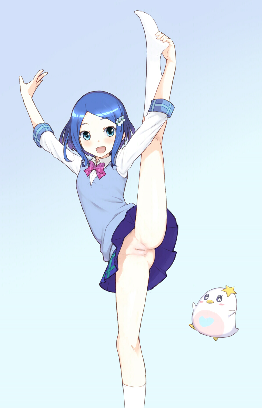 1girls ass blue_eyes blue_hair blush chiwino female female_only hair_ornament hairclip hairless_pussy heart highres leg_up no_panties open_mouth pose pretty_rhythm pussy rinne_(pretty_rhythm) short_hair skirt small_breasts smile solo standing_split uncensored