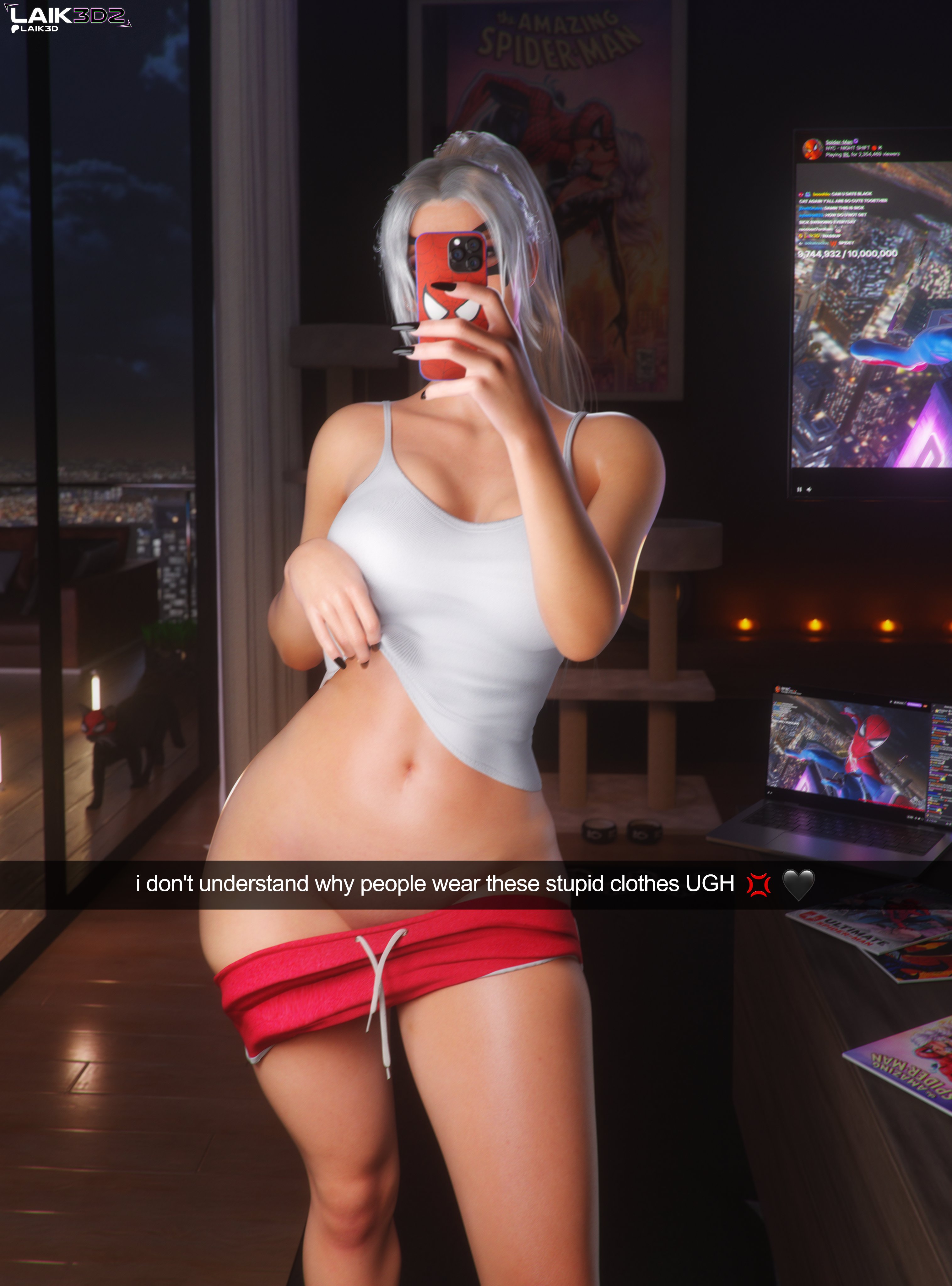 1girls, 2026, 3d, 3d (artwork), black cat (insomniac), black cat (marvel), booty shorts, breasts, casual, felicia hardy, female, female only, high resolution, highres, insomniac games, itslaiknsfw, laik3d, laik3d2, laiknsfw, latex, long hair, marvel, marvel comics, mirror, mirror selfie, nail polish, painted nails, pants, pants down, peeping, pulled down pants, pussy, revealing clothes, see-through, see-through clothing, selfie, short shorts, shorts, shorts down, sideboob, solo, spider-man (ps4), spider-man (series), thick thighs, thighs, tummy