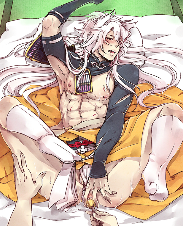 1boy anal anal_object_insertion ass curled_toes fangs kogitsunemaru long_hair looking_at_viewer male_only on_back penis pov sex_toy shrug_(clothing) touken_ranbu uchiko white_hair