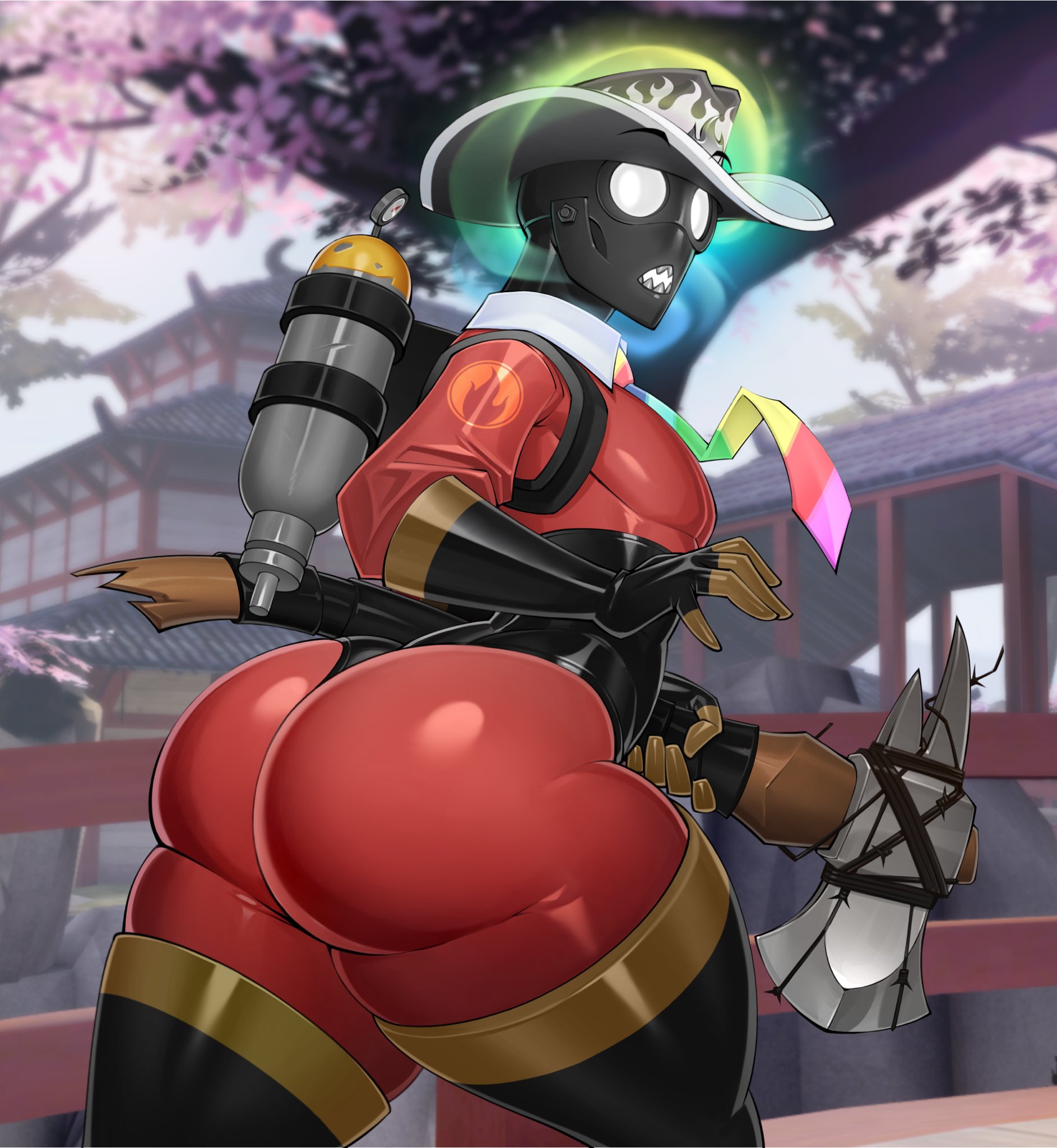 axe, axtinguisher, big butt, boots, bubble ass, bubble butt, caked up, cowboy hat, csarphong, curvy, dayum boah he thicc, eyebrows visible through headwear, fat ass, femboy, gas canister, gas mask, gay, gloves, hat, headwear, holding weapon, huge ass, huge butt, latex suit, male, male only, male/male, mask, necktie, pyro (team fortress 2), sharp teeth, spectra (pennyftzgerald), team fortress 2, thicc, thick thighs, unusual hat, voluptuous, white eyes, yaoi