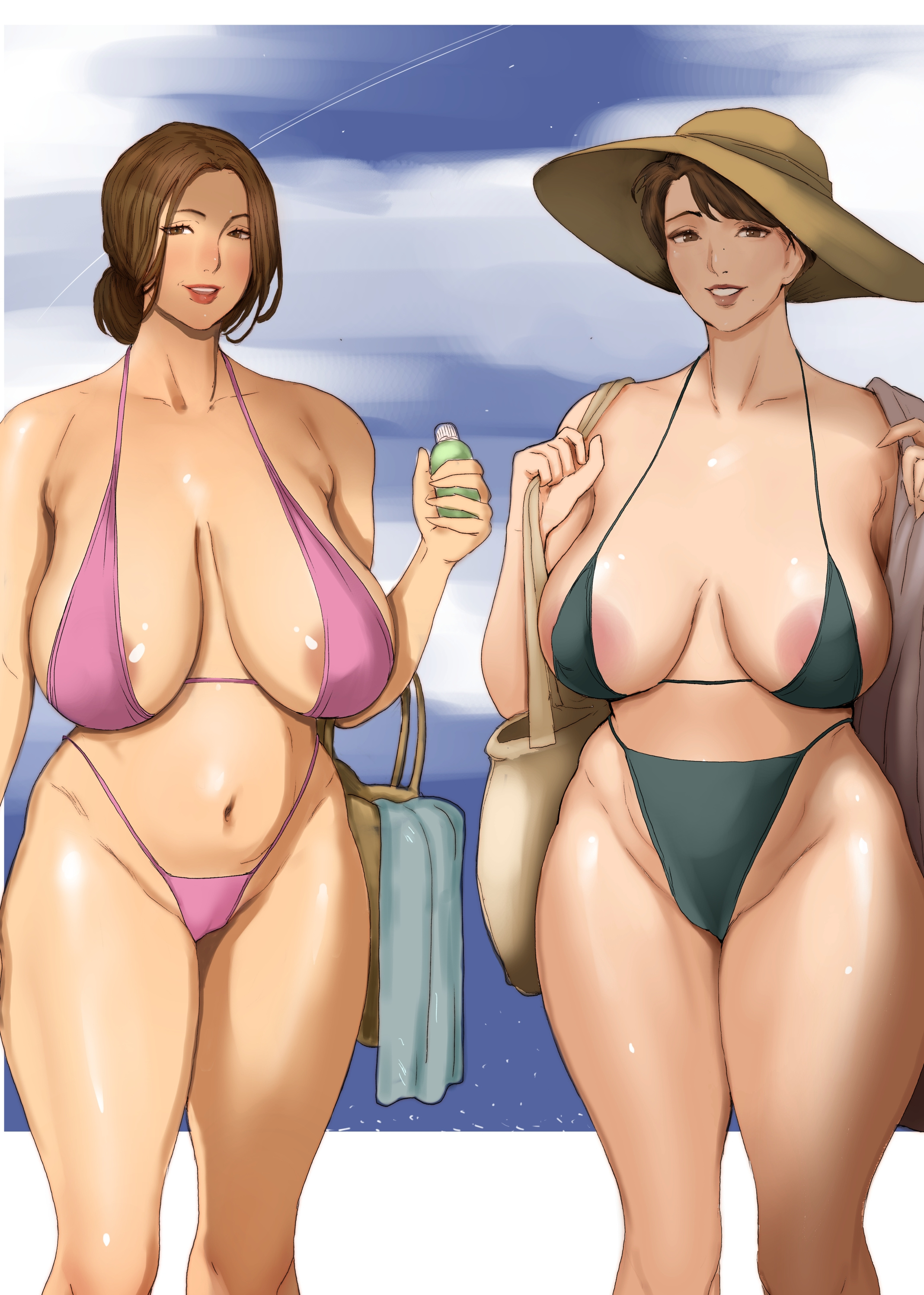 2girls, areola slip, areolae, big breasts, bikini, bikini bottom, bikini top, bottomwear, breasts, brown eyes, brown hair, cleavage, female, female only, green bikini, hair bun, hat, headwear, high resolution, highres, holding object, huge breasts, jnsdh, lips, mature, mature female, mature woman, milf, mother, original, pink bikini, purse, smile, sun hat, sunscreen, swimwear, thighs, topwear, towel