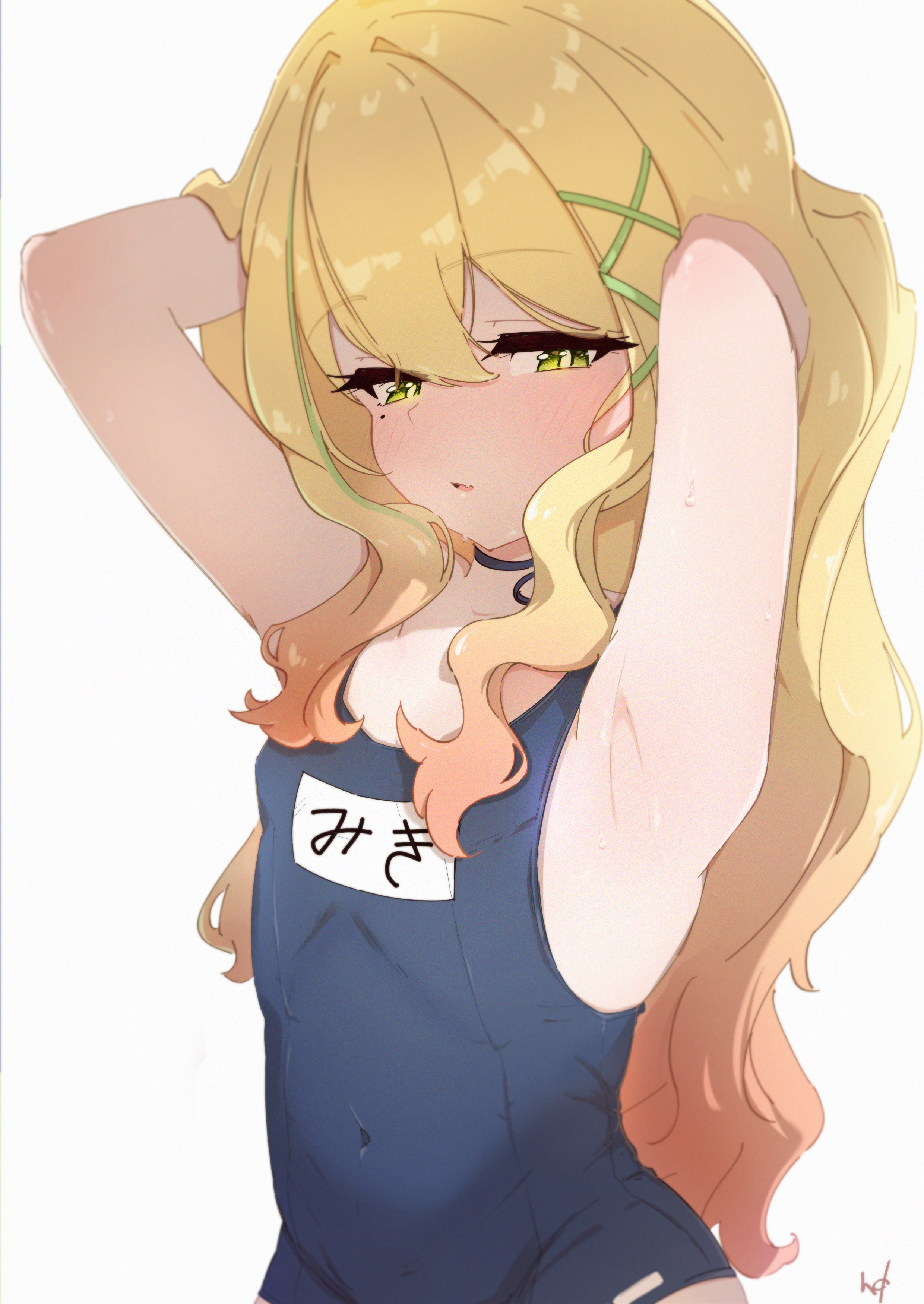 1girls, absurdres, armpits, blonde hair, blue one-piece swimsuit, blush, breasts, covered navel, female, fuzuki miki, fuzuki miki (3rd costume), green eyes, hair between eyes, half-closed eyes, hands in own hair, hdukl, highres, indie virtual youtuber, long hair, looking at viewer, mole, mole under eye, name tag, oerba yun fang, one-piece swimsuit, parted lips, school swimsuit, signature, simple background, skin fang, small breasts, solo, streamer, sweat, swimsuit, virtual youtuber, vtuber, white background, youtube, youtuber
