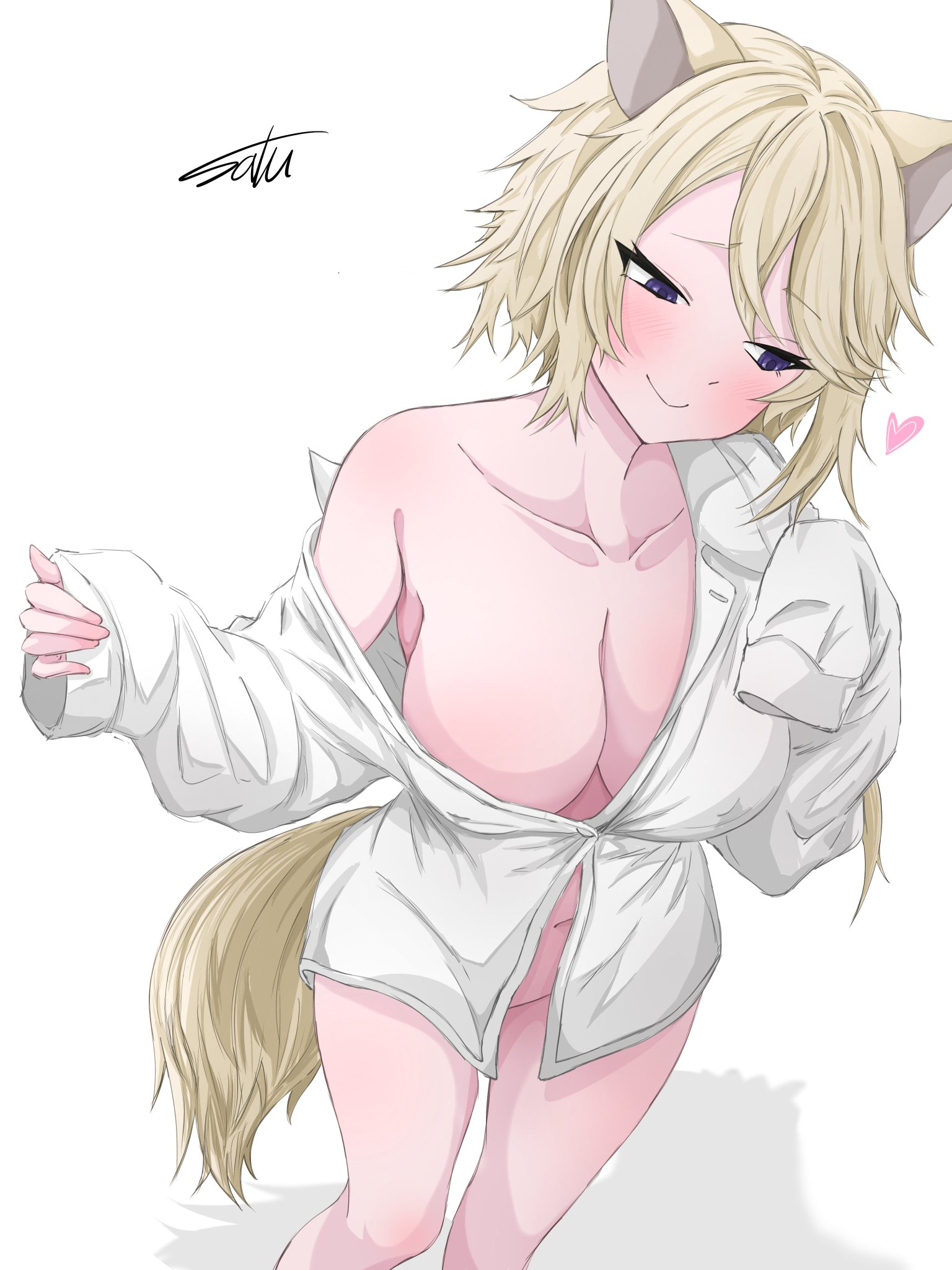 :), 1girls, 2025, animal ears, animal tail, artist name, bare legs, big breasts, blonde hair, blush, boyfriend shirt, breasts, cleavage, clothes, color, colored, embarrassed, female, female only, hair, heart, hi res, kage no jitsuryokusha ni naritakute!, legs, looking at partner, looking away, nipples visible through clothing, purple eyes, satu, semi nude, shadow, shirt, shirt around one arm, shirt only, shirt open, short hair, signature, signature artist name, simple background, smile, solo, solo female, stomach, tail, the eminence in shadow, thick thighs, thighs, viewed from above, white background, white skin, zeta (the eminence in shadow)