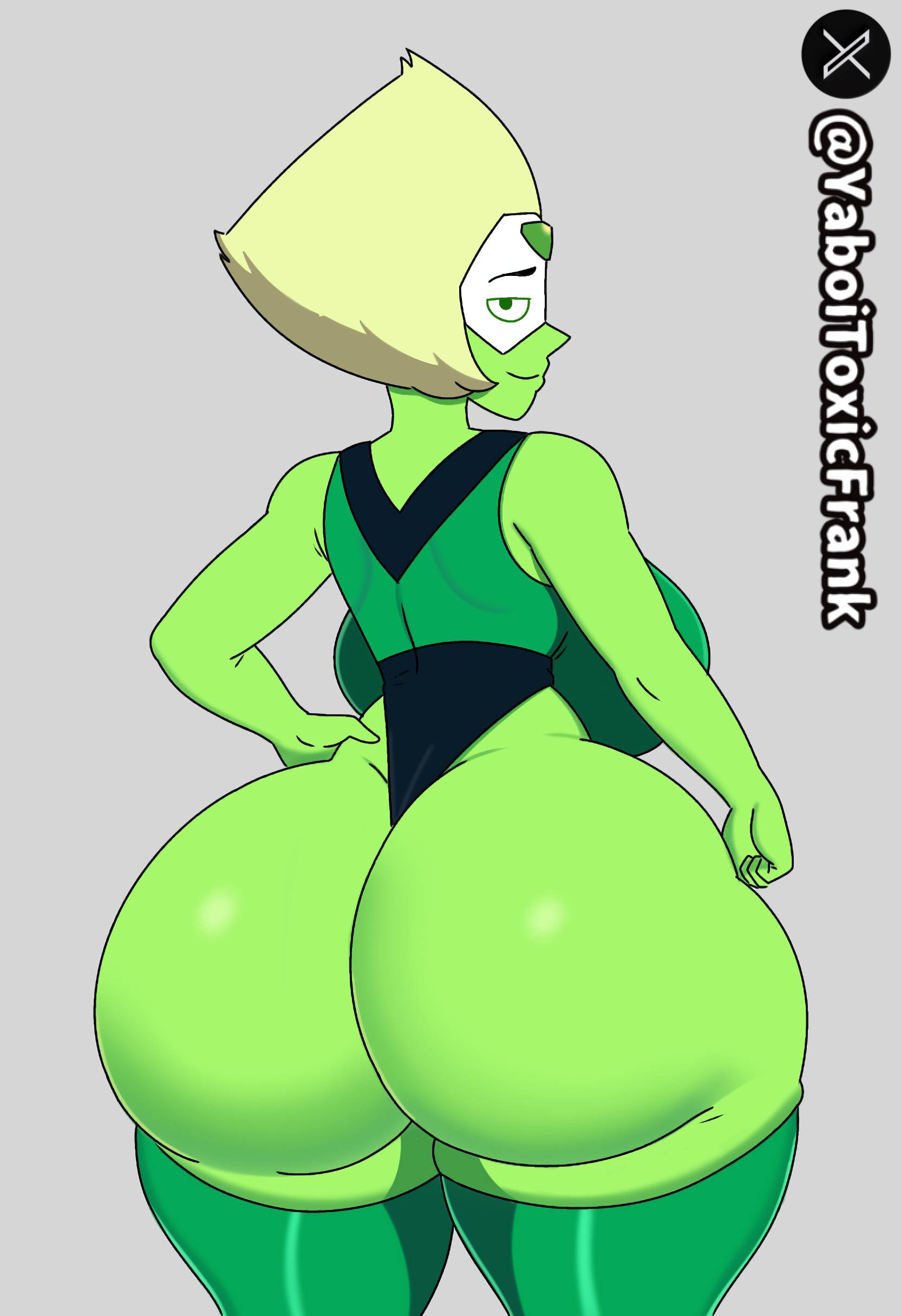 2d, 2d (artwork), ass, ass focus, cartoon network, clothing, dumptruck ass, female, female only, green body, green skin, hand on hip, huge ass, huge breasts, looking at viewer, peridot (steven universe), self upload, smiling at viewer, smirk, solo, solo focus, steven universe, thick ass, thick thighs, viewed from behind, yaboitoxicfrank