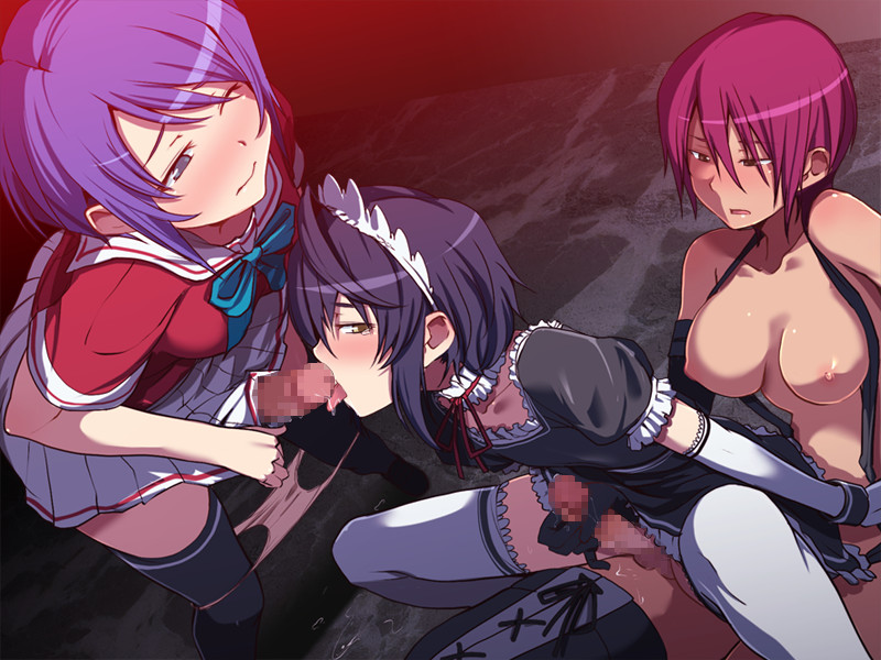 1boy, 2girls, androgynous, balls, blue hair, breasts, censored, crossdressing, dickgirl, ejaculation, fellatio, female, femboy, futa on male, futanari, girly, gym uniform, hair, handjob, intersex, kissing, large breasts, licking, maid, male, male sucking futa, masturbation, oral, pointless censoring, purple hair, red hair, saliva trail, school uniform, senkou no lumina zenpen: sennyuu! saint alucard jogakuen, spitroast, tan skin, testicles, threesome