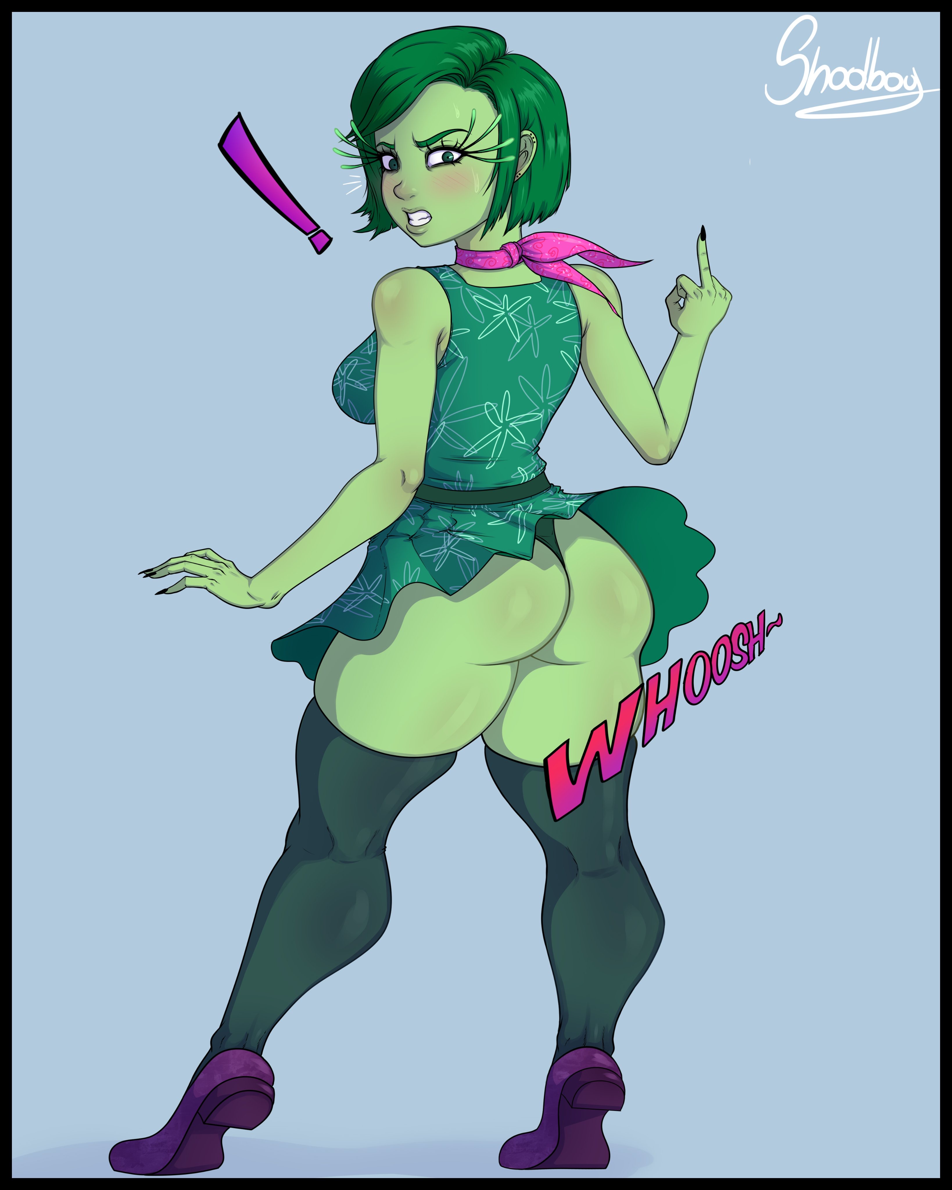1girls, ass, ass bigger than head, big ass, big thighs, bubble ass, bubble butt, curvy, disgust (inside out), dress, fat ass, female, female only, flashing, huge ass, huge butt, huge thighs, inside out, massive ass, massive thighs, middle finger, shadboya, thick ass, thick legs, thick thighs, thigh highs, thighhighs, thighs, thunder thighs, thunderthighs, upskirt, wide hips, wide thighs, wind lift