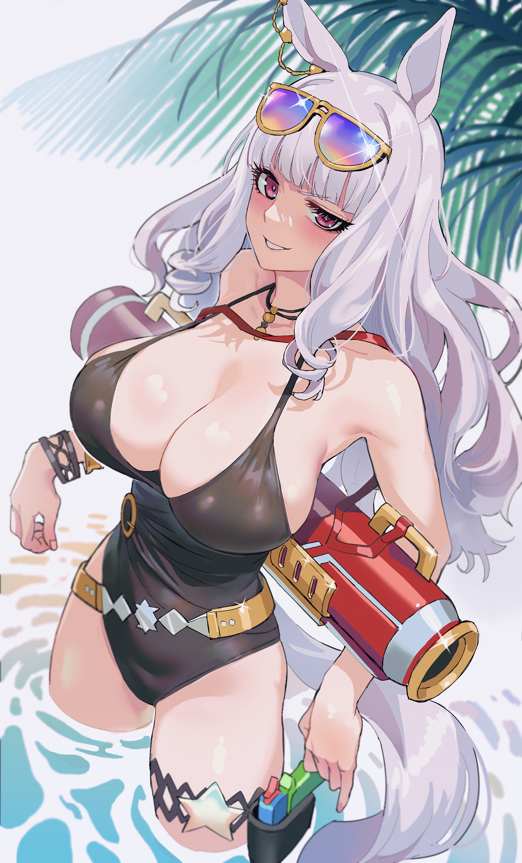 1girls, absurdres, animal ears, bare shoulders, beach, belt, black one-piece swimsuit, blunt bangs, breasts, casual one-piece swimsuit, cleavage, day, eyewear on head, female, female only, gold ship (run revolt launcher) (umamusume), gold ship (umamusume), grey hair, gun, hair ornament, handgun, highres, holding, holding water gun, holster, holstered, horse ears, horse girl, horse tail, large breasts, long hair, looking at viewer, official alternate costume, one-piece swimsuit, outdoors, purple eyes, purple-tinted eyewear, sarcophage, smile, solo, sunglasses, swimsuit, tail, thigh holster, thighs, tight clothing, tinted eyewear, umamusume, very long hair, wading, water, water gun, weapon, white hair, yellow-framed eyewear