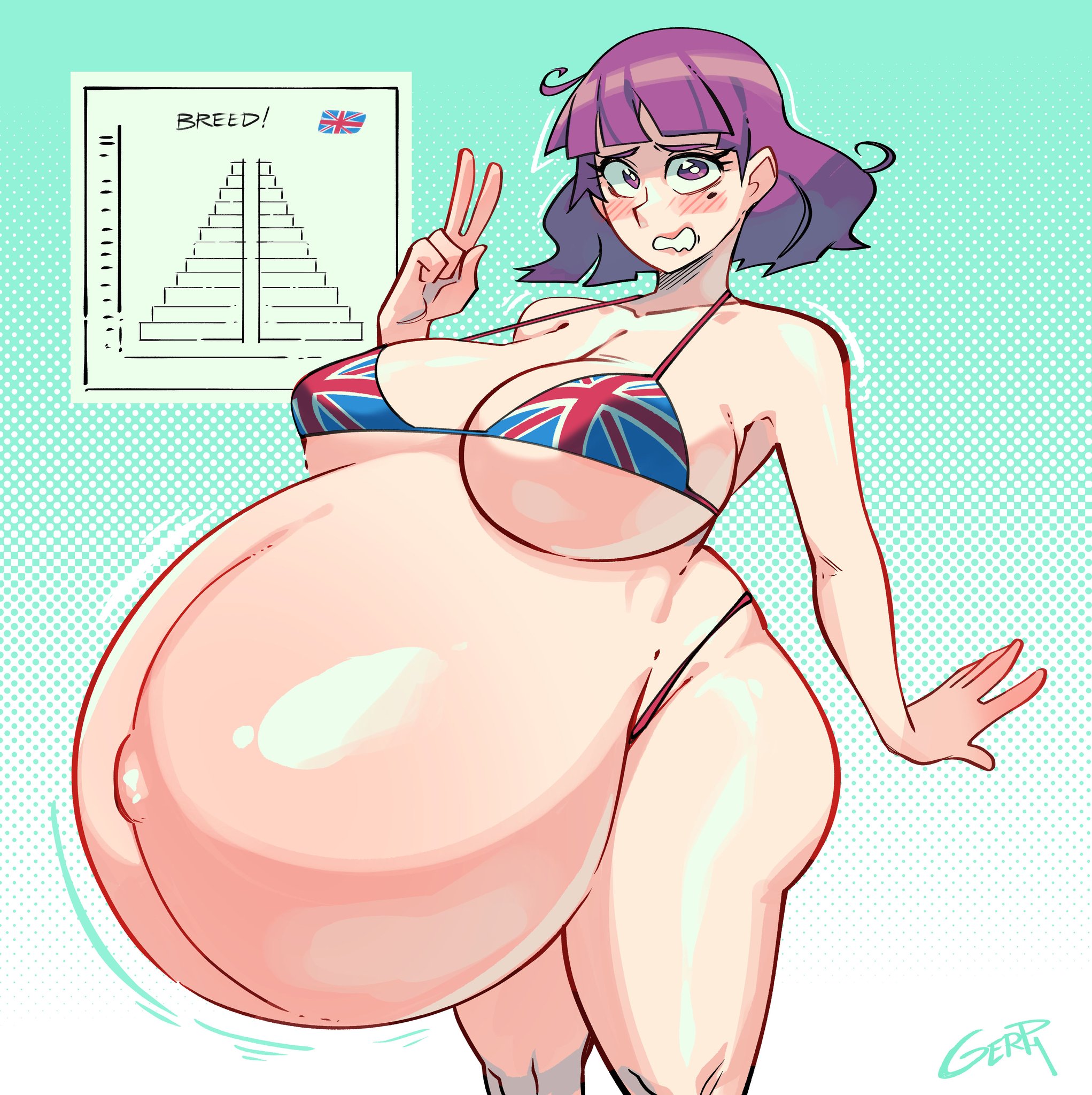 1female, 1girls, amelia (pathways), big breasts, bikini, blush, blushing, breasts, british, british female, busty, child bearing hips, female, flag print, gerph, hyper pregnancy, large breasts, legs, light skin, light-skinned female, pathways (game), pregnancy tally, pregnant, pregnant female, purple eyes, purple hair, sensual, sexy, short hair, short purple hair, side-tie bikini, solo female, sweat, thighs, union jack, union jack bikini, united kingdom, v, voluptuous