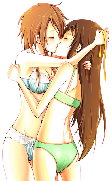 beige_skin brown_hair closed_eyes clothes color female female_only hair kissing koizumi_itsuki_(female) kyonko long_hair multiple_females multiple_girls ribbon round_ears rule_63 suzumiya_haruhi_no_yuuutsu underwear white_background yuri