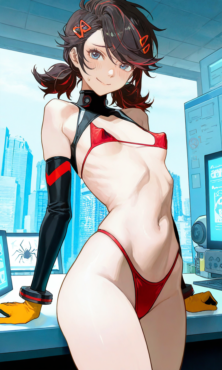 ai generated, embarrassed, g-string, laboratory, marvel, marvel comics, navel, nervous, nervous smile, peni parker, peni parker (marvel rivals), perky breasts, perky nipples, petite, red bikini, red thong, shy, skinny, spiderverse, thong